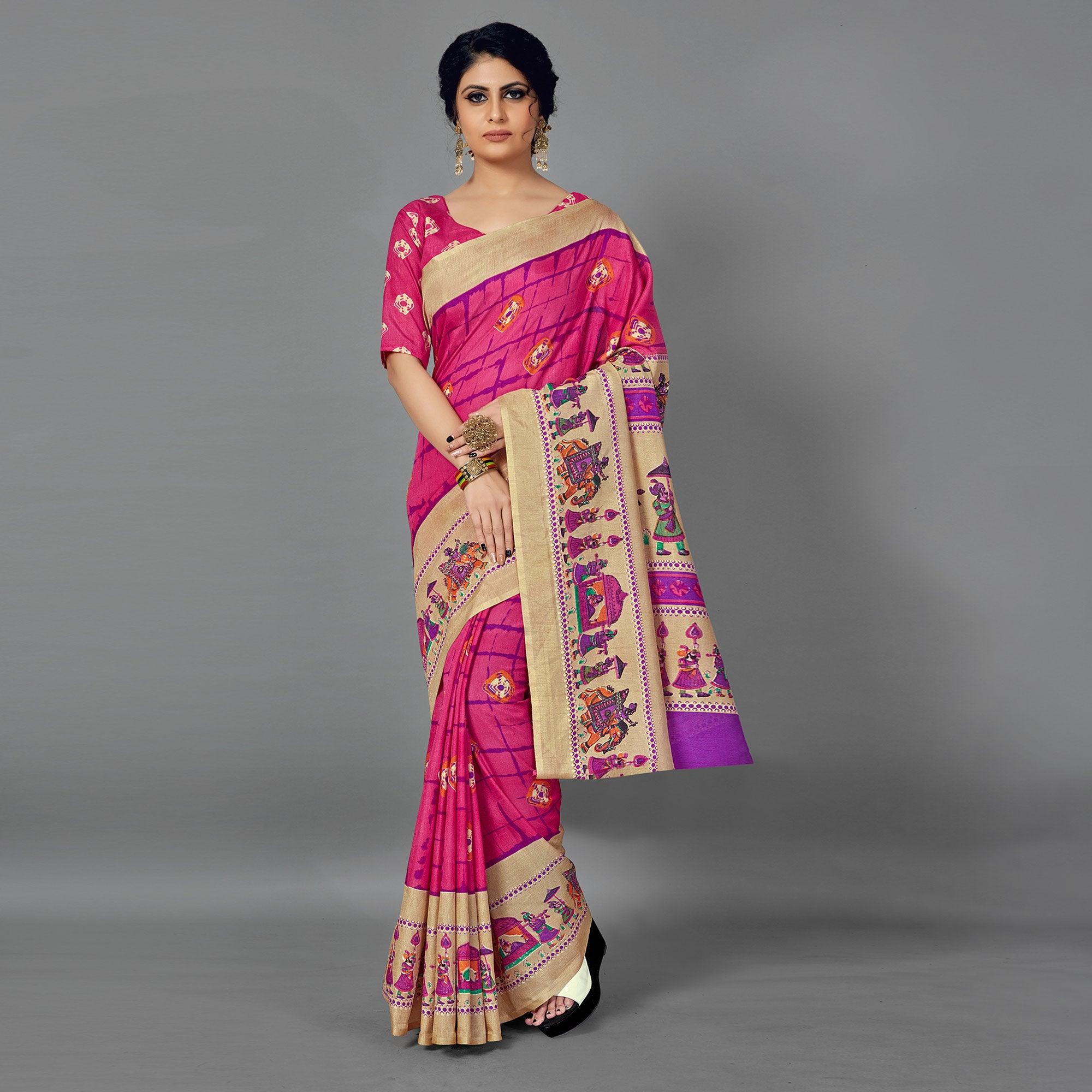 Pink Casual Wear Printed Dhapa Silk Saree - Peachmode