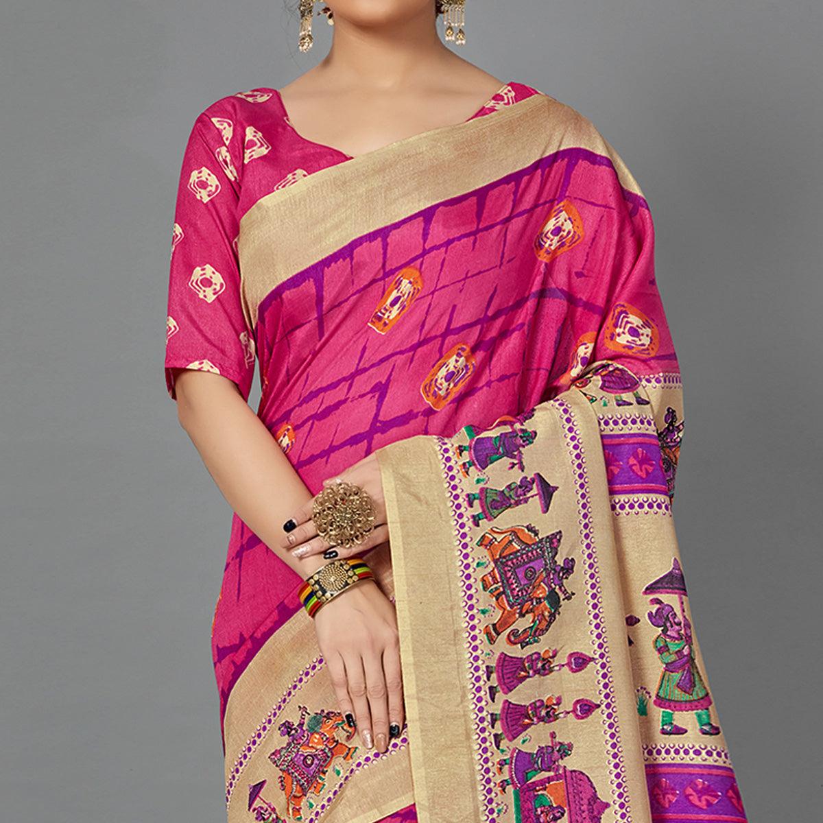Pink Casual Wear Printed Dhapa Silk Saree - Peachmode