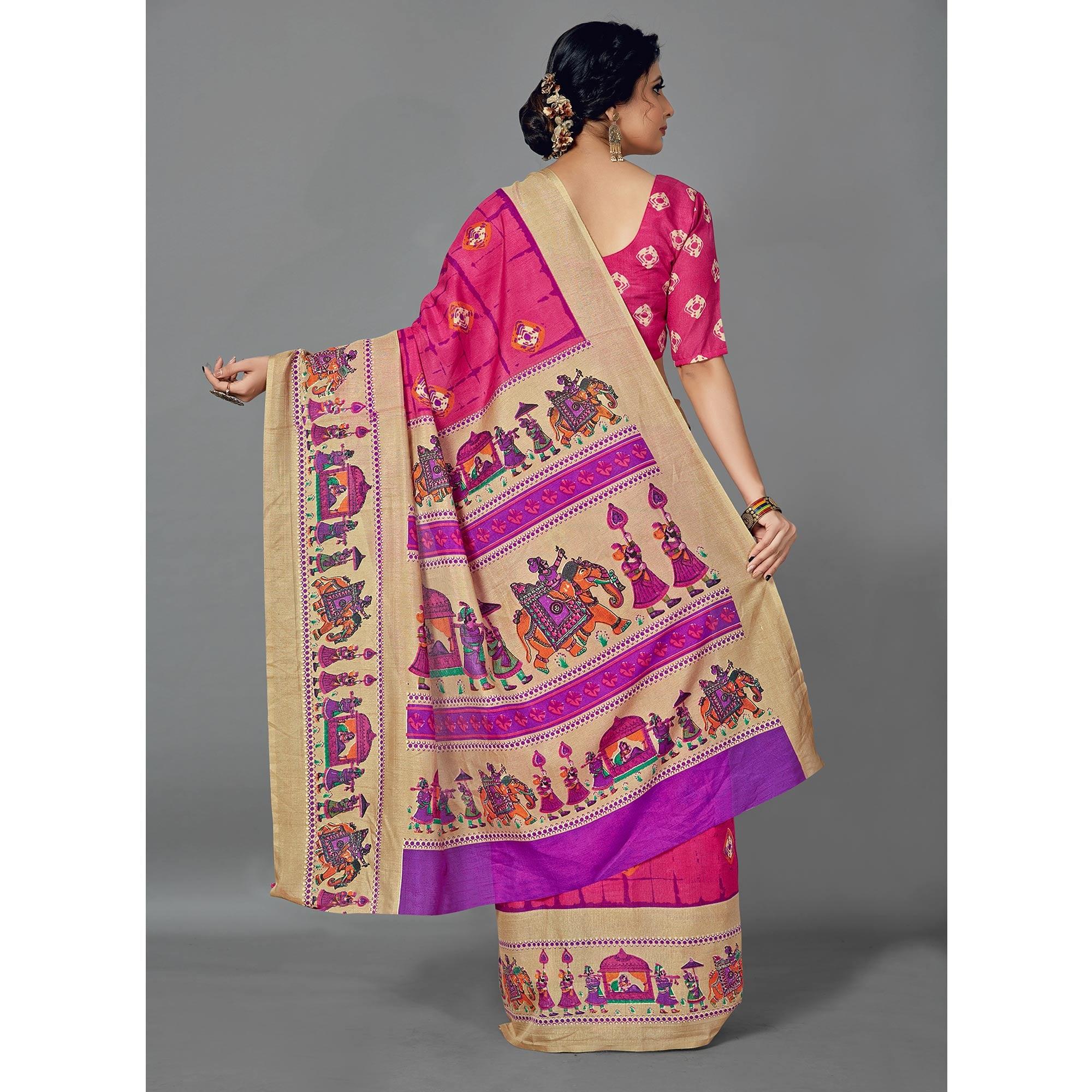 Pink Casual Wear Printed Dhapa Silk Saree - Peachmode