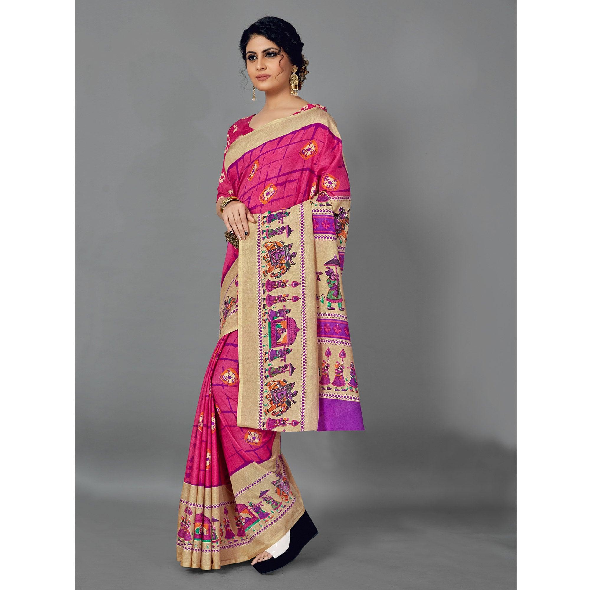 Pink Casual Wear Printed Dhapa Silk Saree - Peachmode