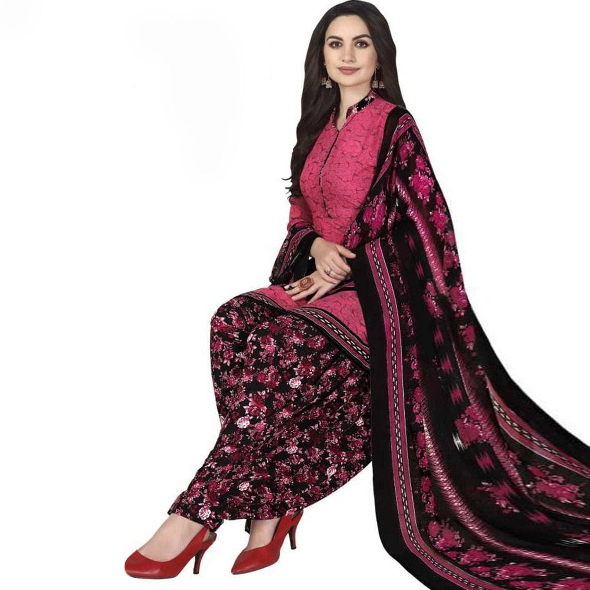 Pink Casual Wear Printed Leon Patiala Dress Material - Peachmode