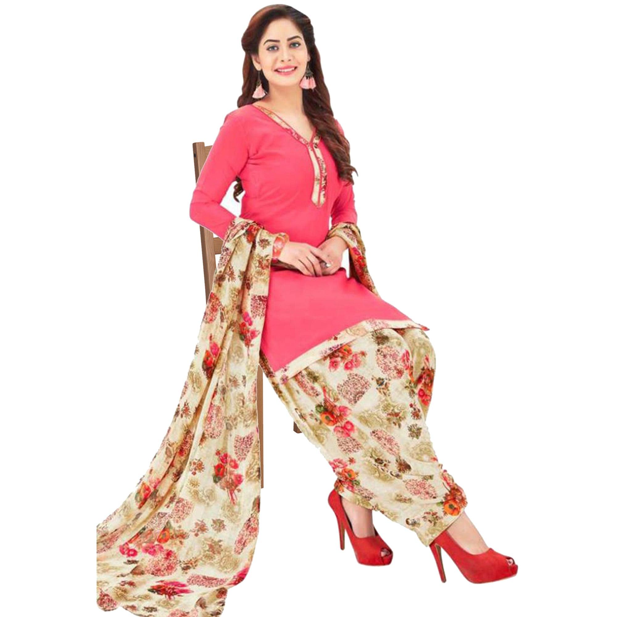 Pink Casual Wear Printed Leon Patiala Dress Material - Peachmode