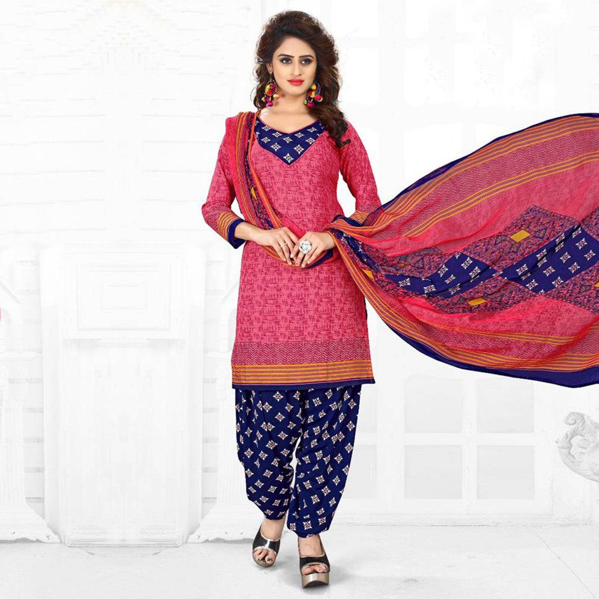 Pink Casual Wear Printed Leon Patiala Dress Material - Peachmode