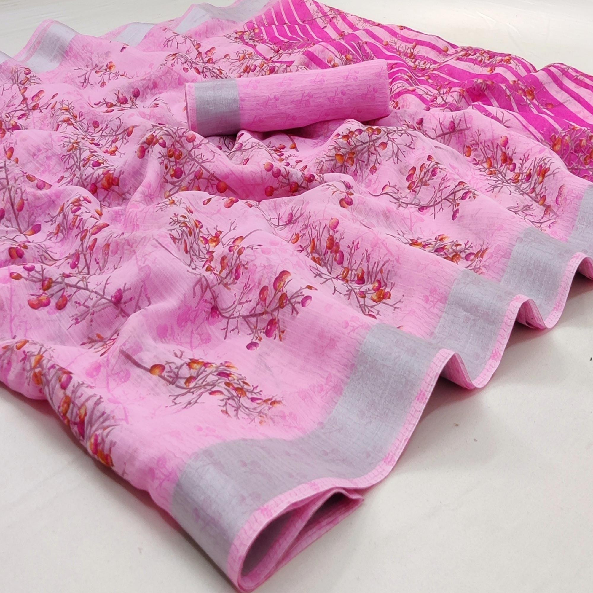 Pink Casual Wear Printed Linen Cotton Saree - Peachmode