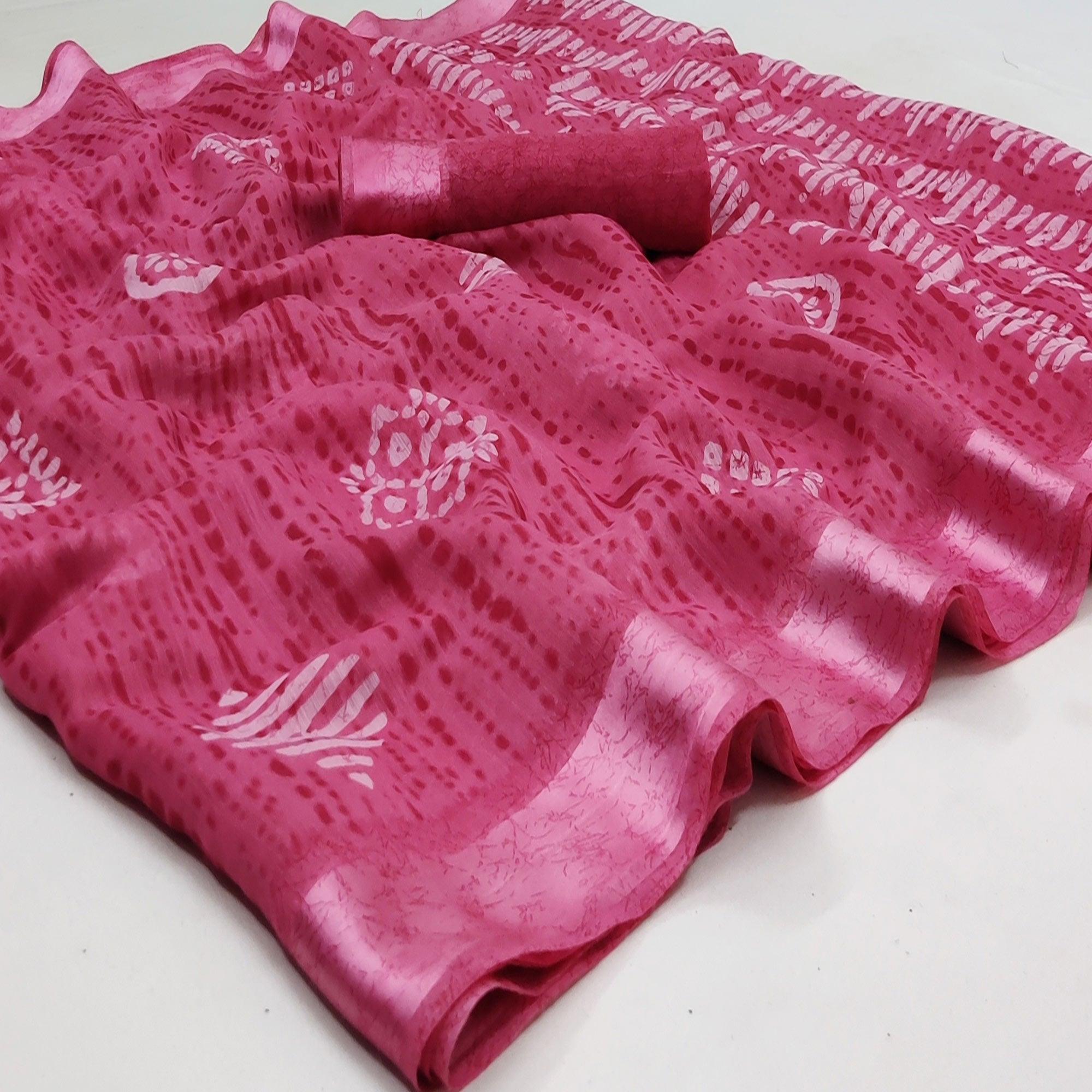 Pink Casual Wear Printed Linen Cotton Saree - Peachmode