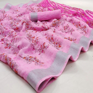 Pink Casual Wear Printed Linen Cotton Saree - Peachmode