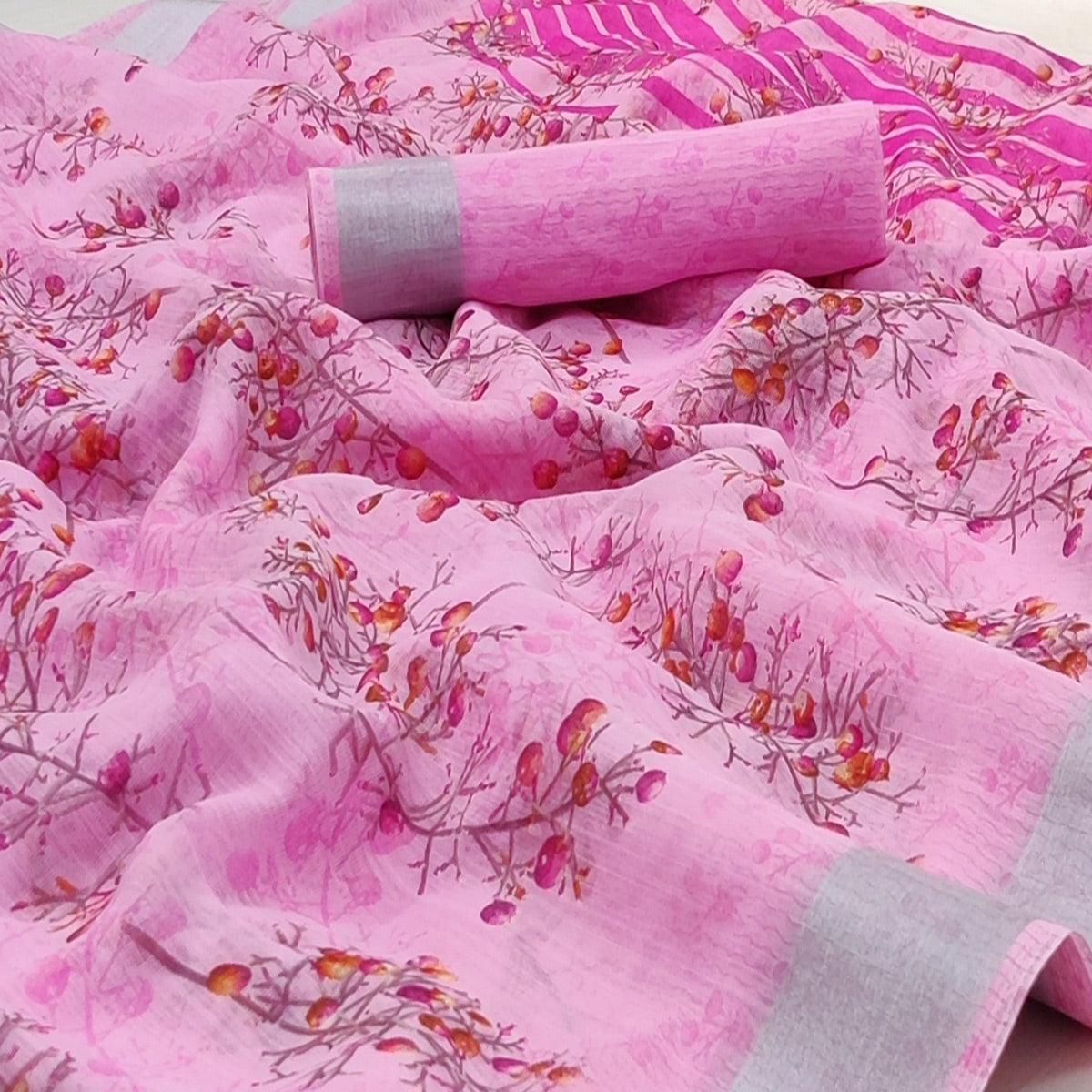 Pink Casual Wear Printed Linen Cotton Saree - Peachmode