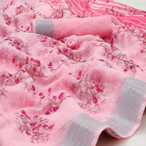 Pink Casual Wear Printed Linen Cotton Saree - Peachmode