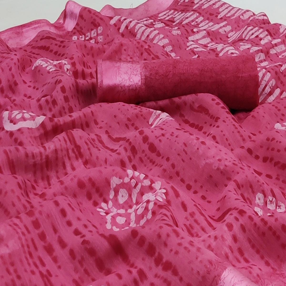 Pink Casual Wear Printed Linen Cotton Saree - Peachmode