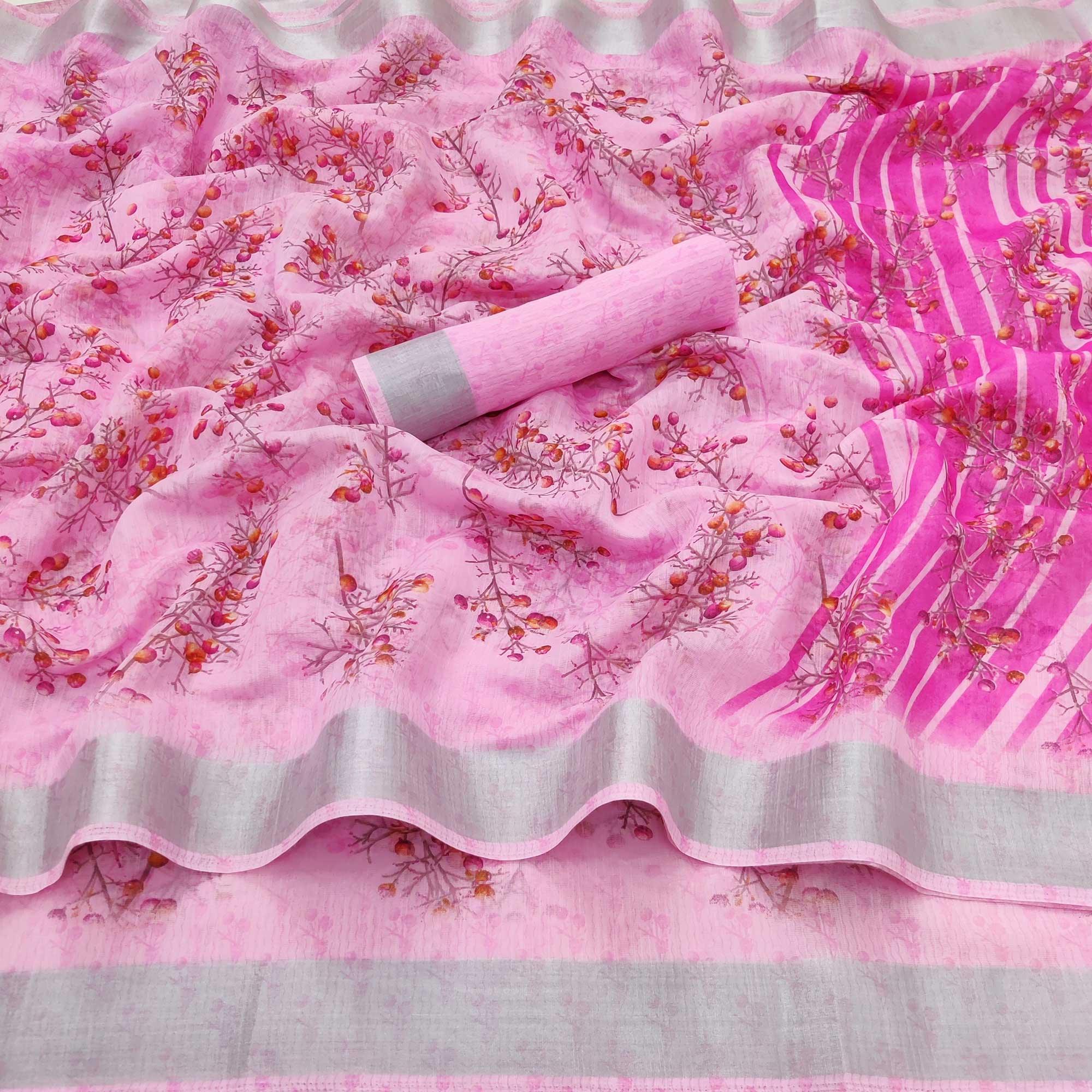 Pink Casual Wear Printed Linen Cotton Saree - Peachmode