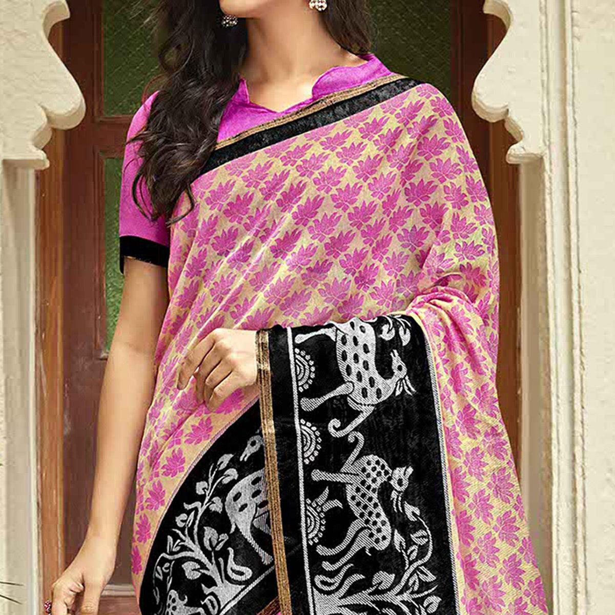 Pink Casual Wear Printed Linen Saree - Peachmode