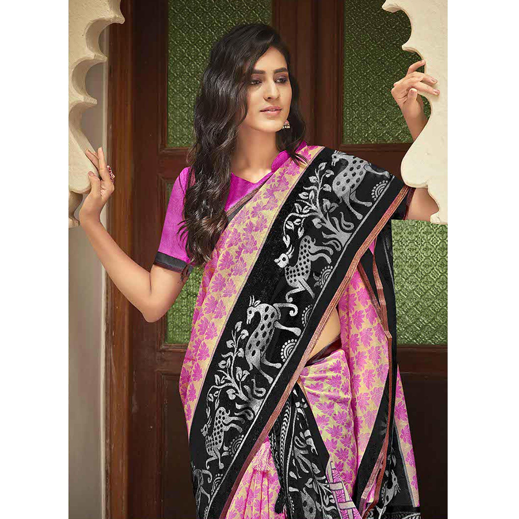 Pink Casual Wear Printed Linen Saree - Peachmode