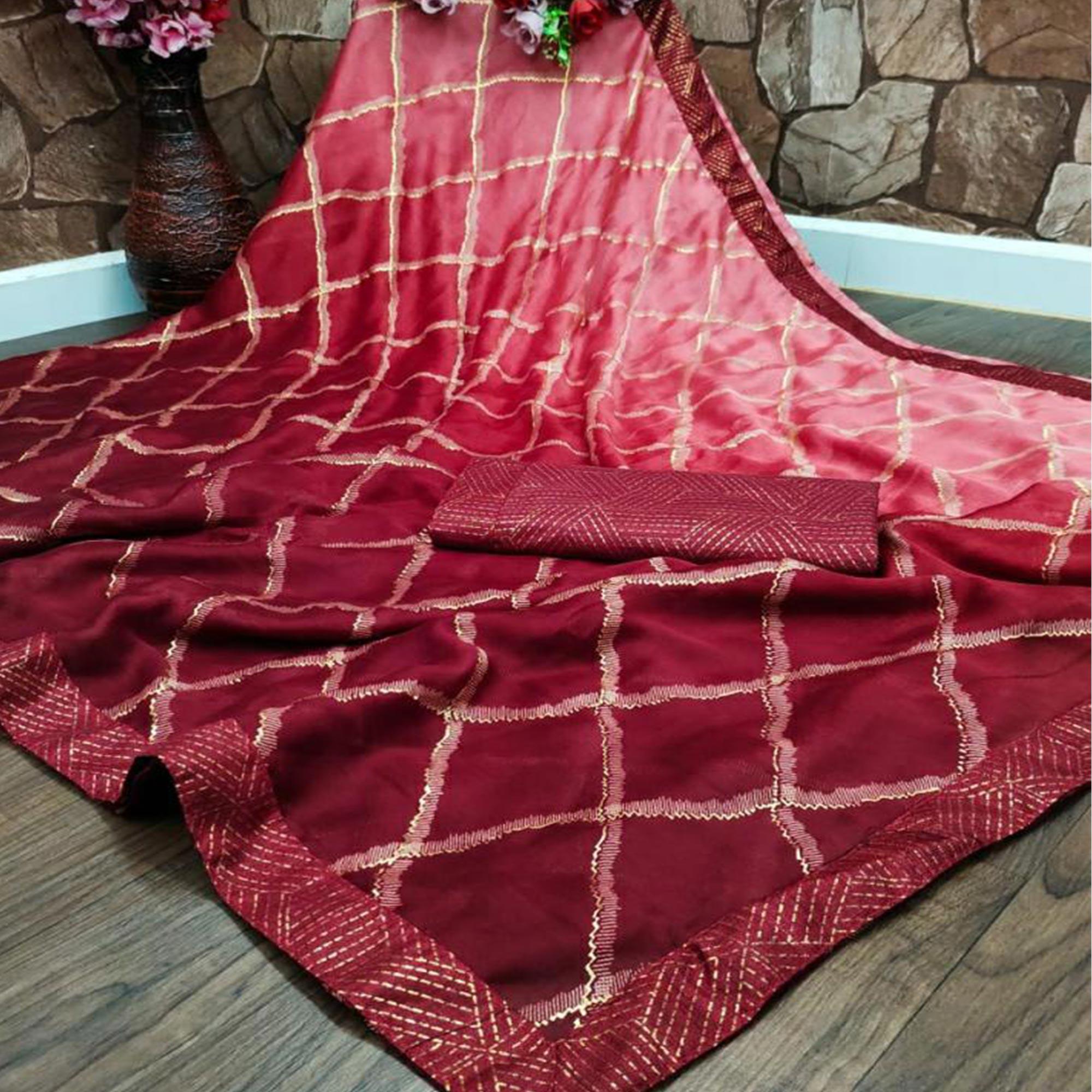 Pink Casual Wear Printed Moss Chiffon Saree - Peachmode