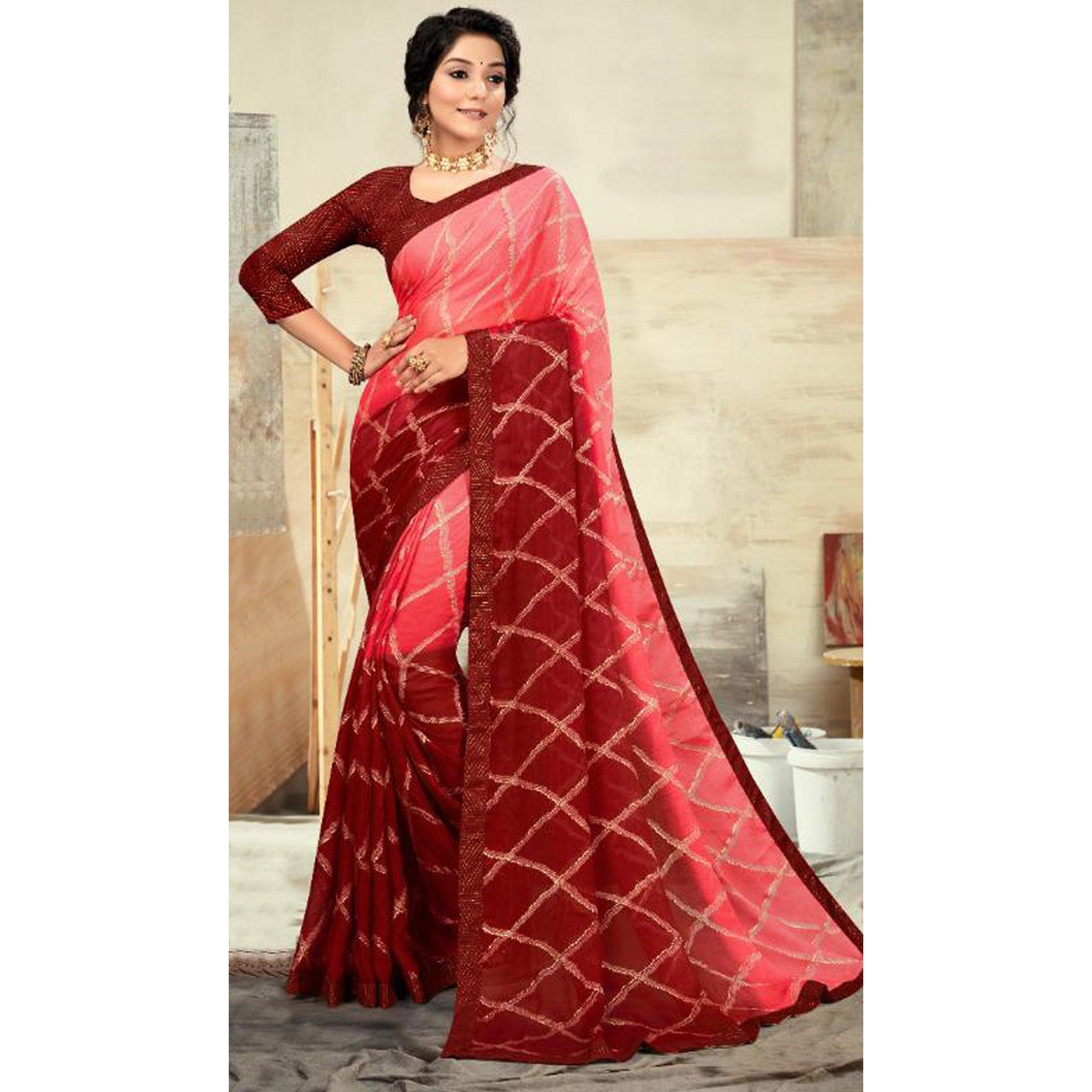 Pink Casual Wear Printed Moss Chiffon Saree - Peachmode