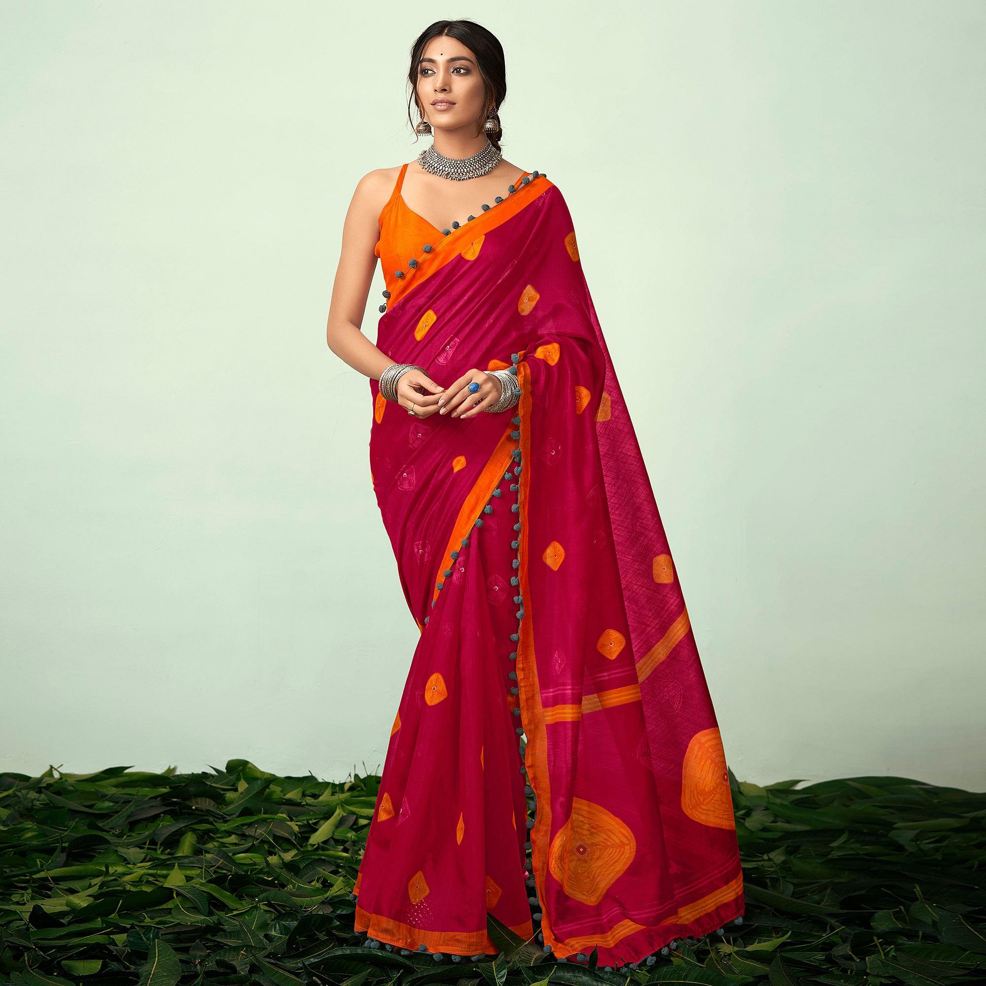 Pink Casual Wear Printed Mul Mul Cotton Saree - Peachmode