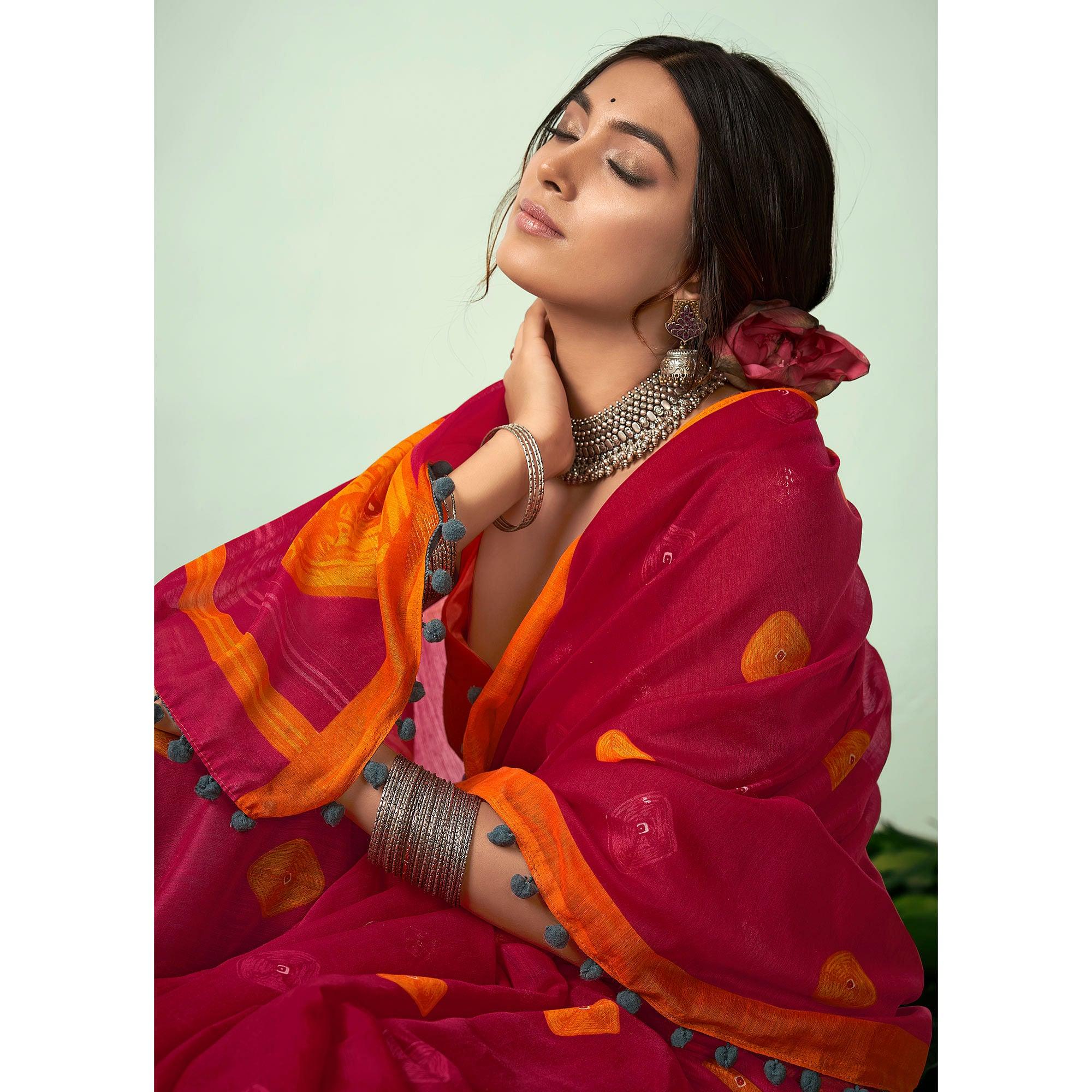 Pink Casual Wear Printed Mul Mul Cotton Saree - Peachmode