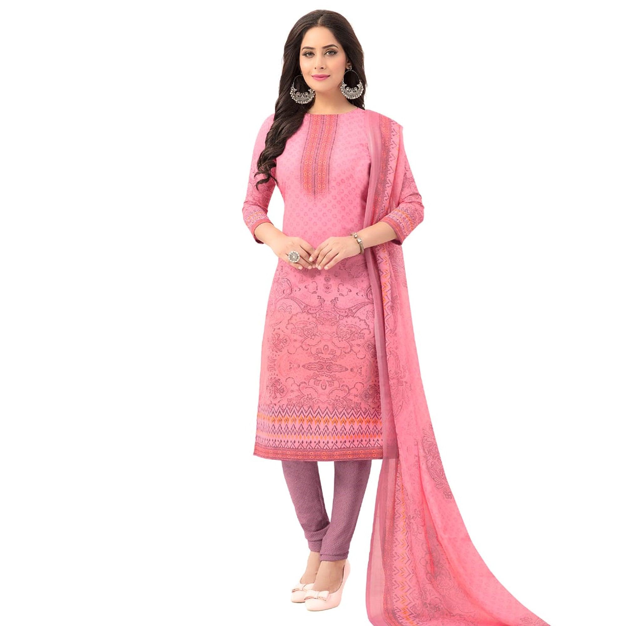 Pink Casual Wear Printed Poly Crepe Dress Material - Peachmode