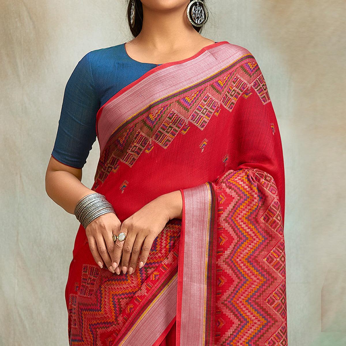 Pink Casual Wear Printed Pure Linen Saree - Peachmode