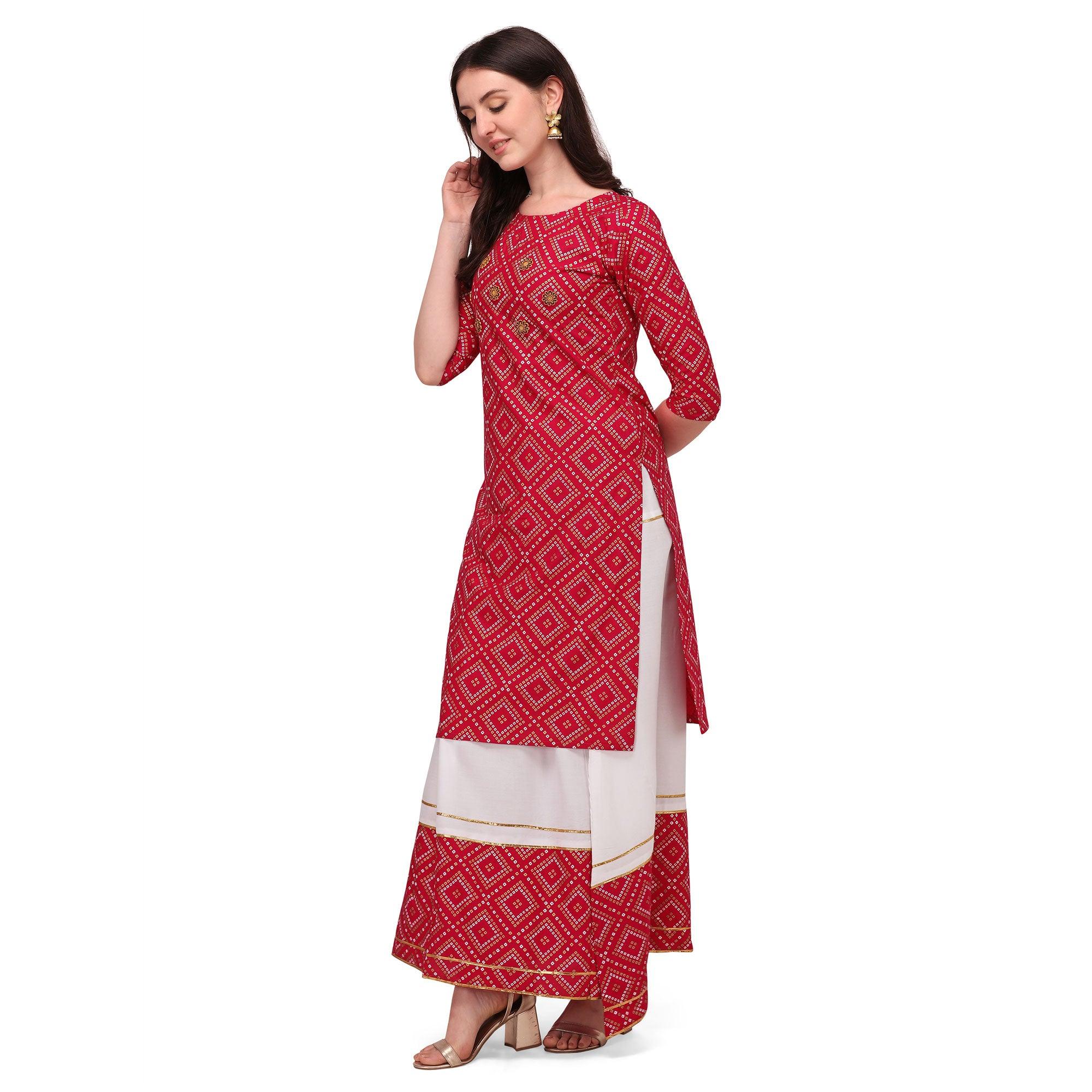 Pink Casual Wear Printed Rayon Kurti - Skirt Set - Peachmode