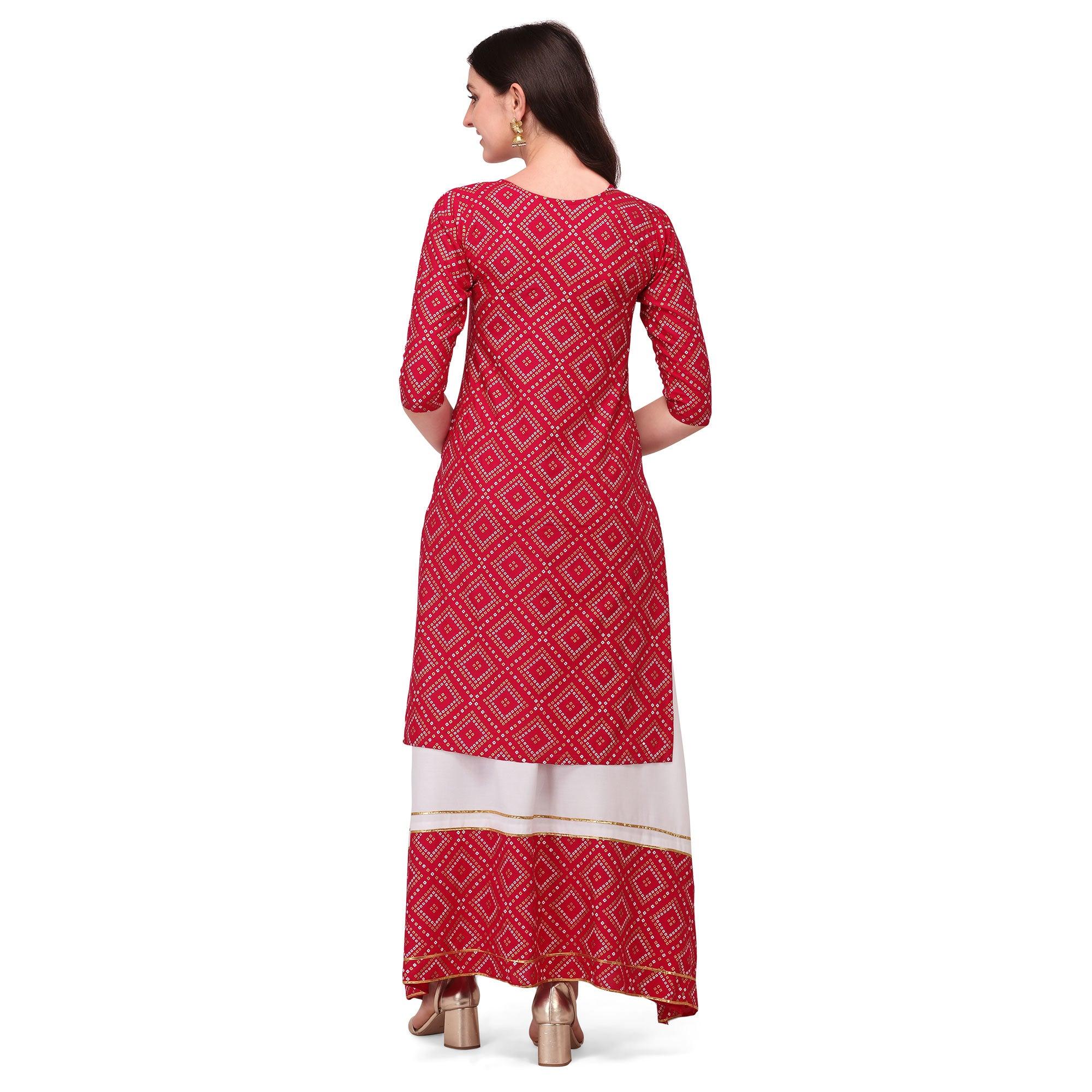 Pink Casual Wear Printed Rayon Kurti - Skirt Set - Peachmode