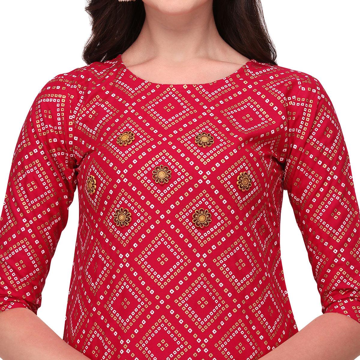 Pink Casual Wear Printed Rayon Kurti - Skirt Set - Peachmode