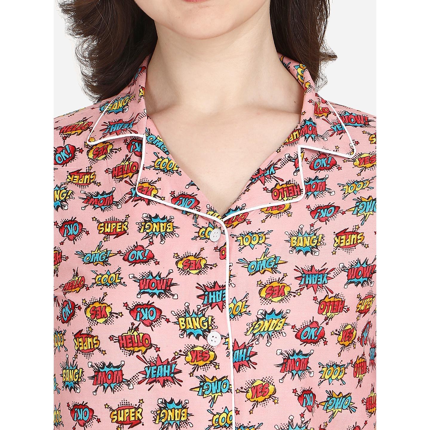 Pink Casual Wear Printed Rayon Night Suit - Peachmode
