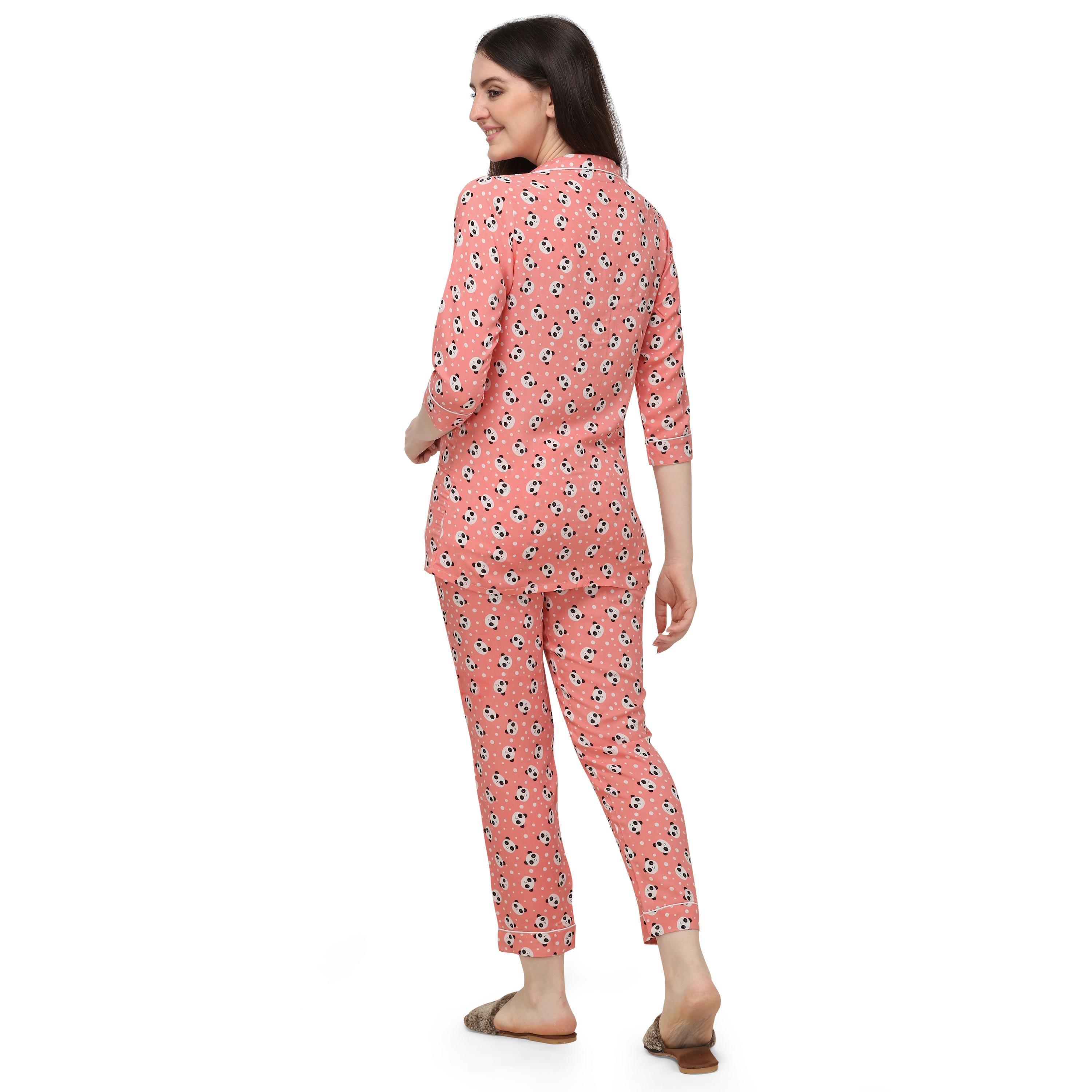 Pink Casual Wear Printed Rayon Night Suit - Peachmode
