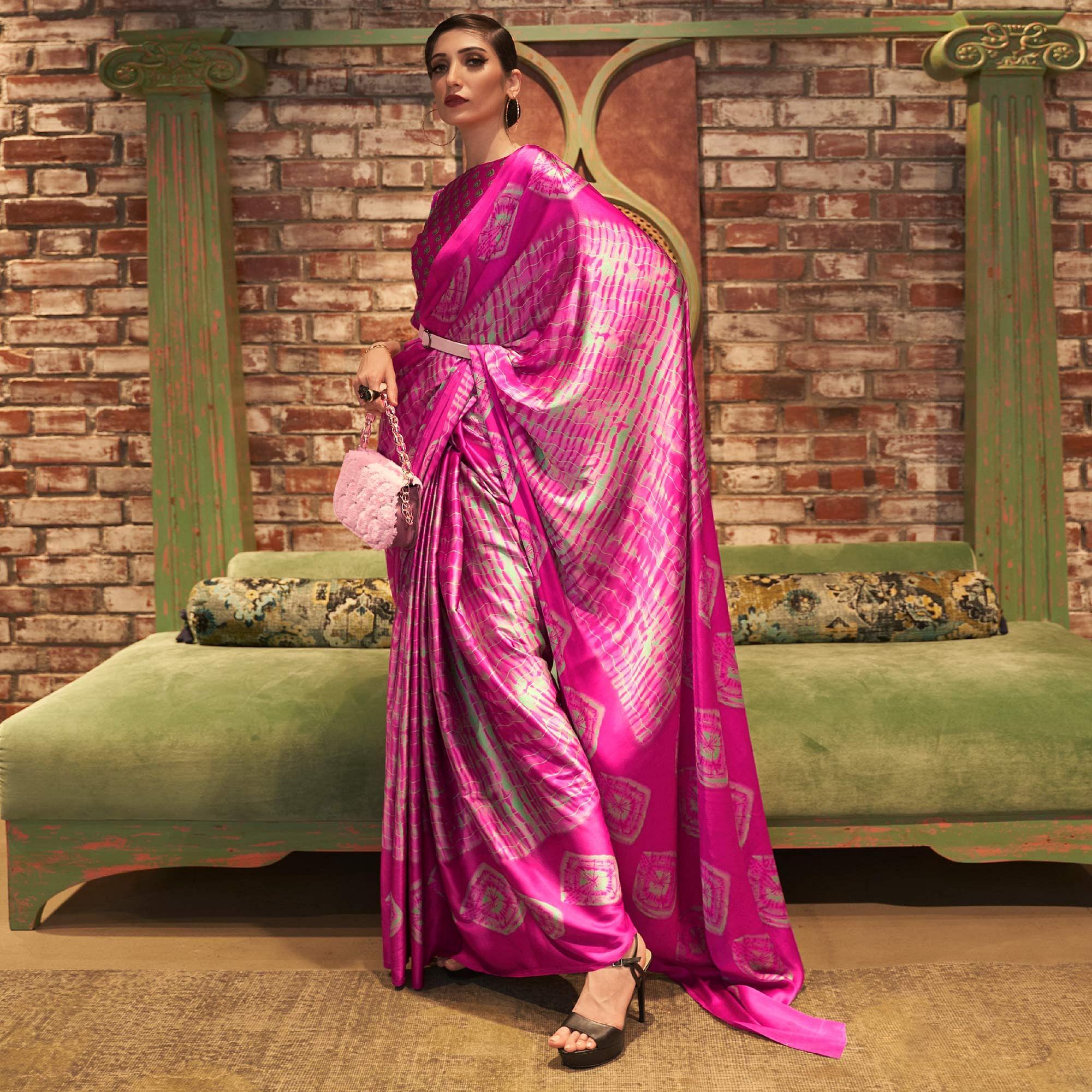 Pink Casual Wear Printed Satin Silk Saree - Peachmode