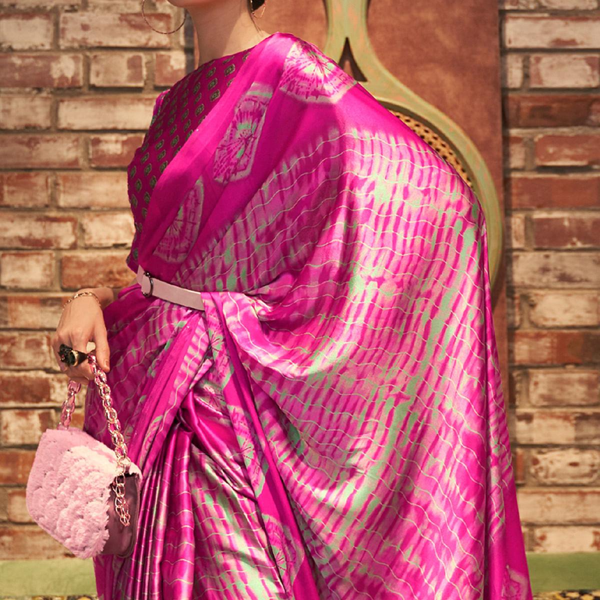 Pink Casual Wear Printed Satin Silk Saree - Peachmode