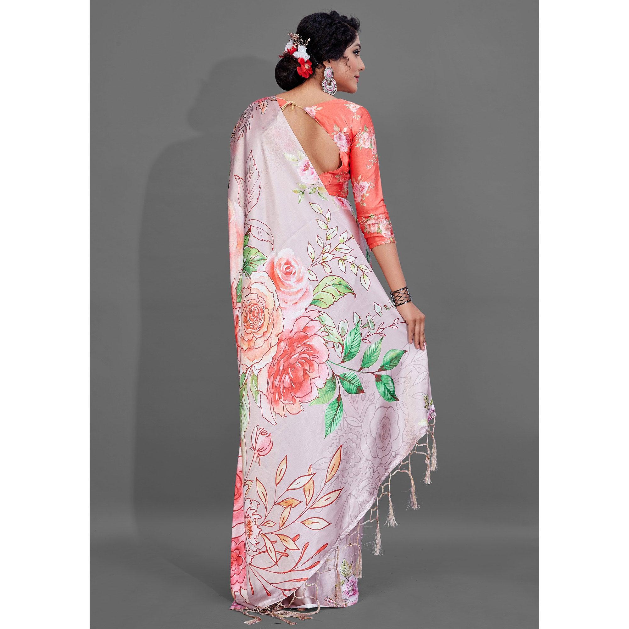 Pink Casual Wear Printed Satin Silk Saree - Peachmode