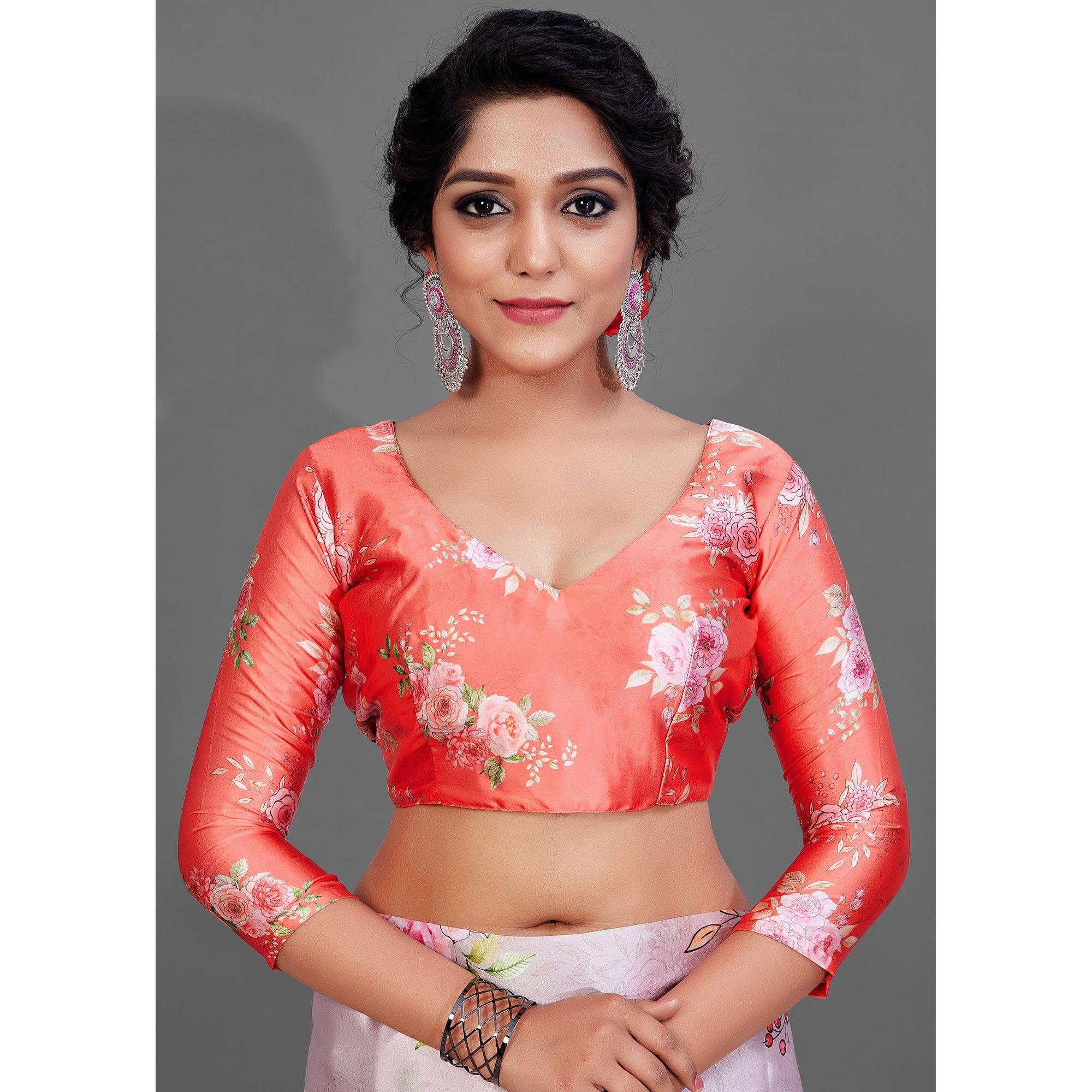Pink Casual Wear Printed Satin Silk Saree - Peachmode