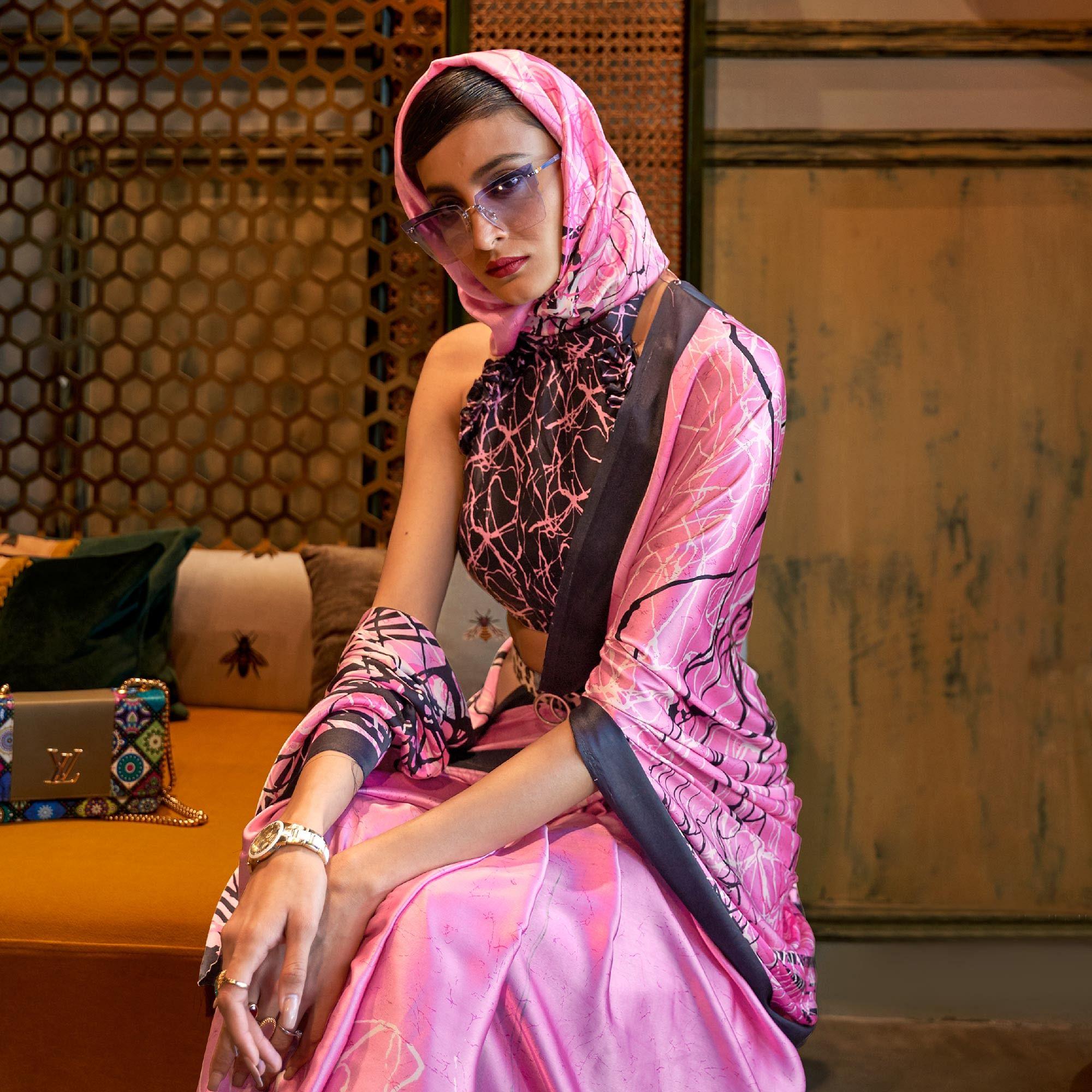 Pink Casual Wear Printed Satin Silk Saree - Peachmode