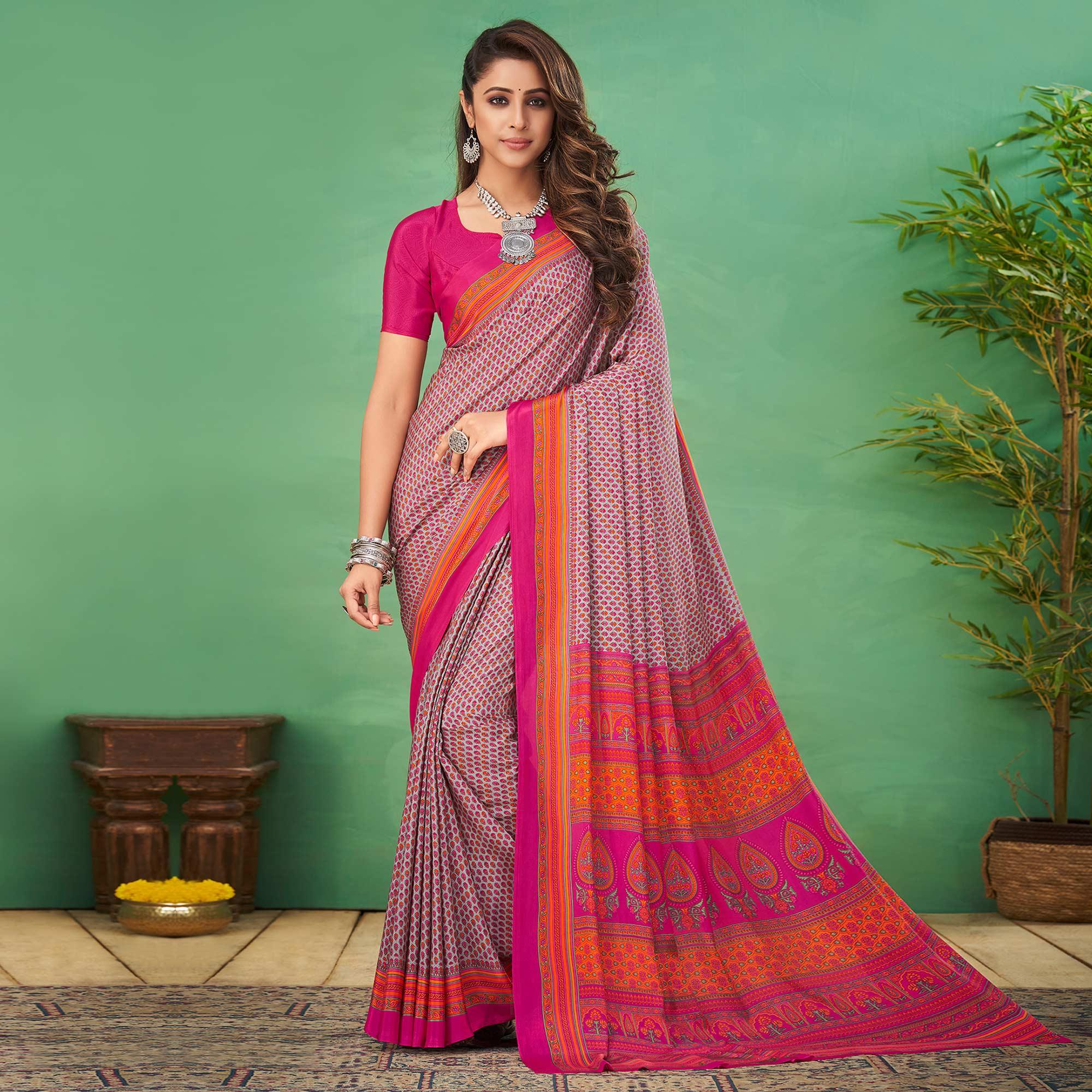 Pink Casual Wear Printed Silk Saree - Peachmode