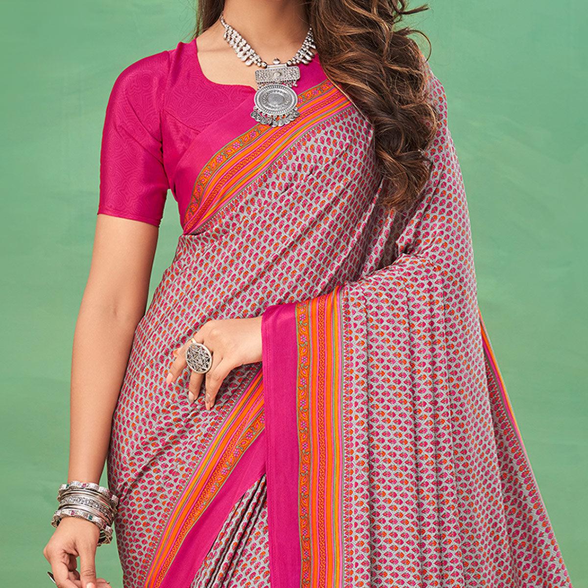 Pink Casual Wear Printed Silk Saree - Peachmode