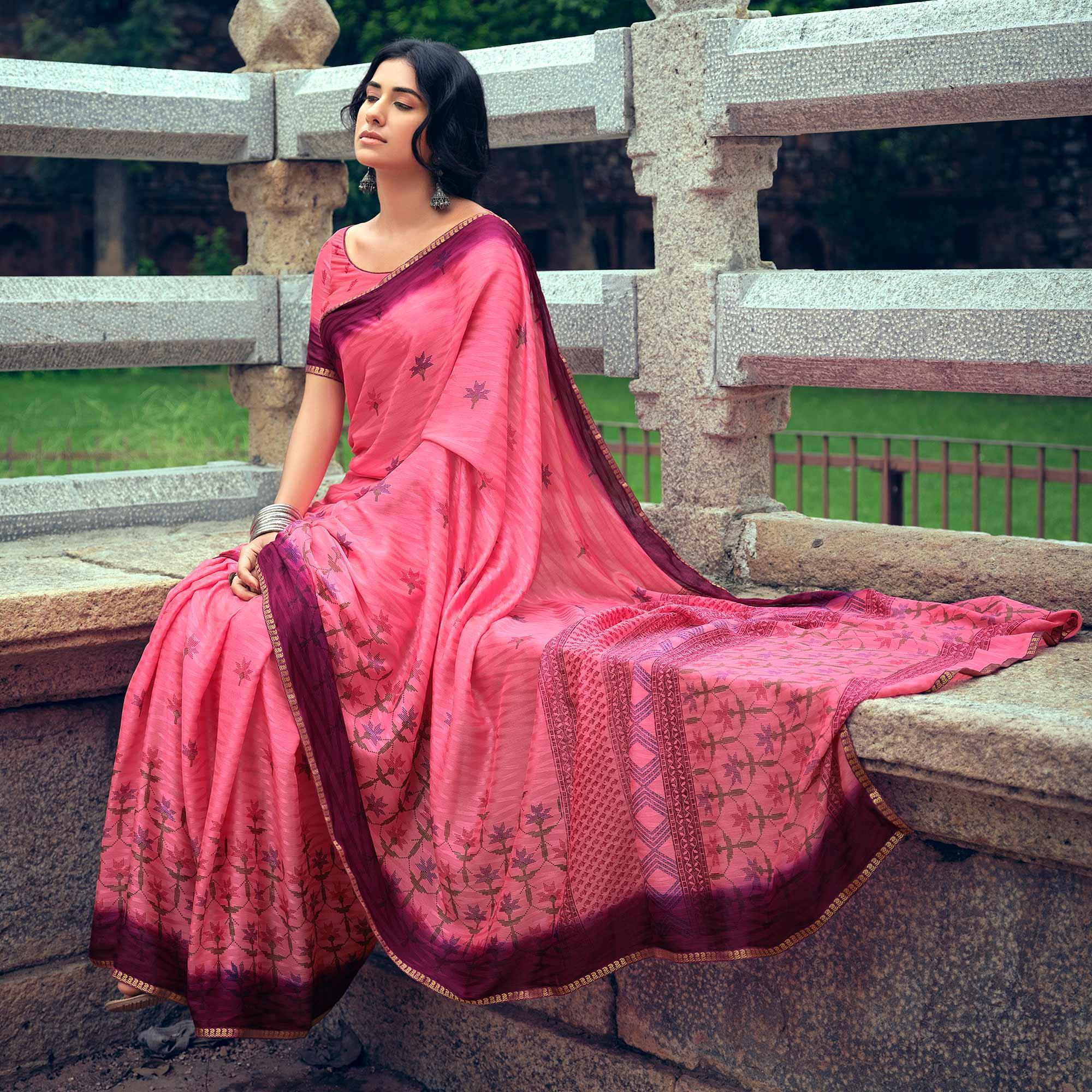Pink Casual Wear Printed Silk Saree - Peachmode