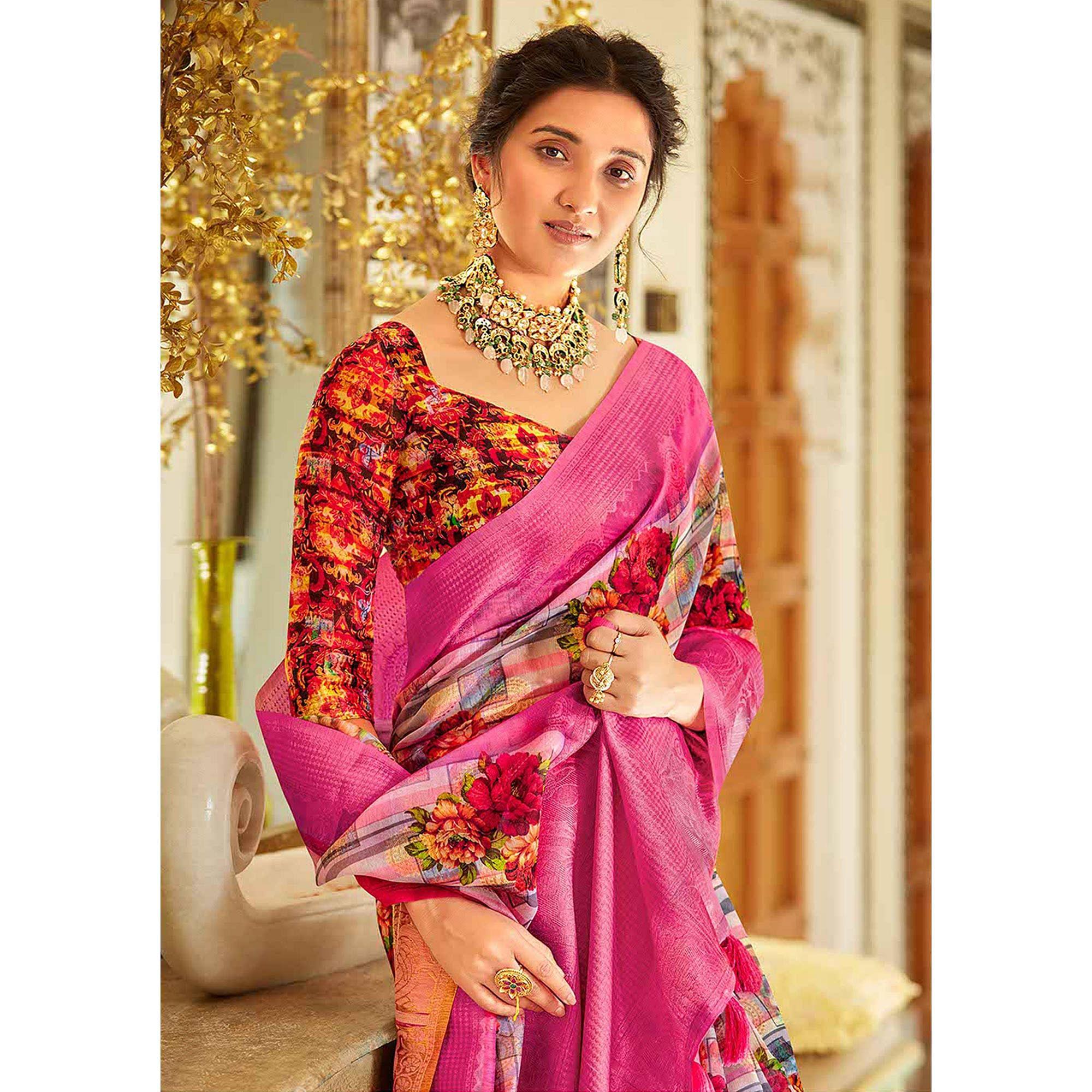 Pink Casual Wear Printed Soft Cotton Saree - Peachmode