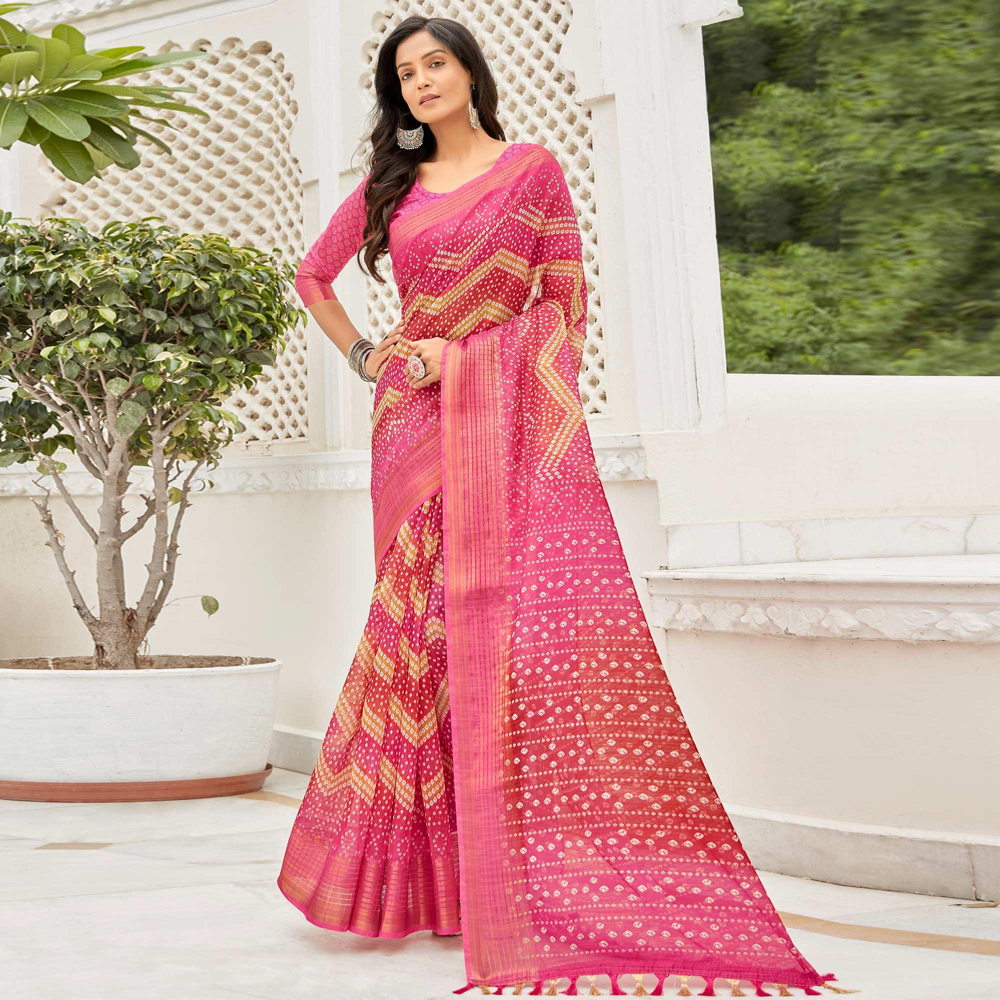 Pink Casual Wear Printed Soft Linen Saree - Peachmode