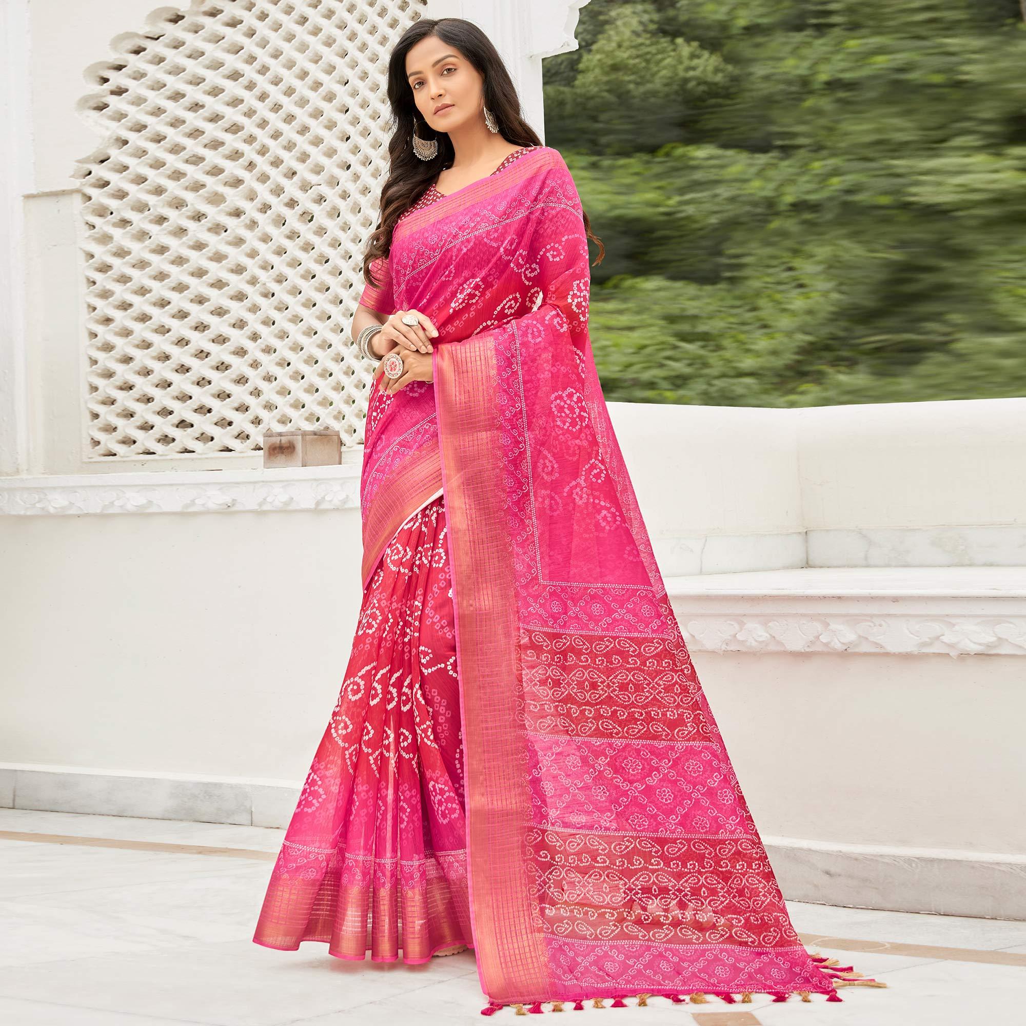 Pink Casual Wear Printed Soft Linen Saree - Peachmode