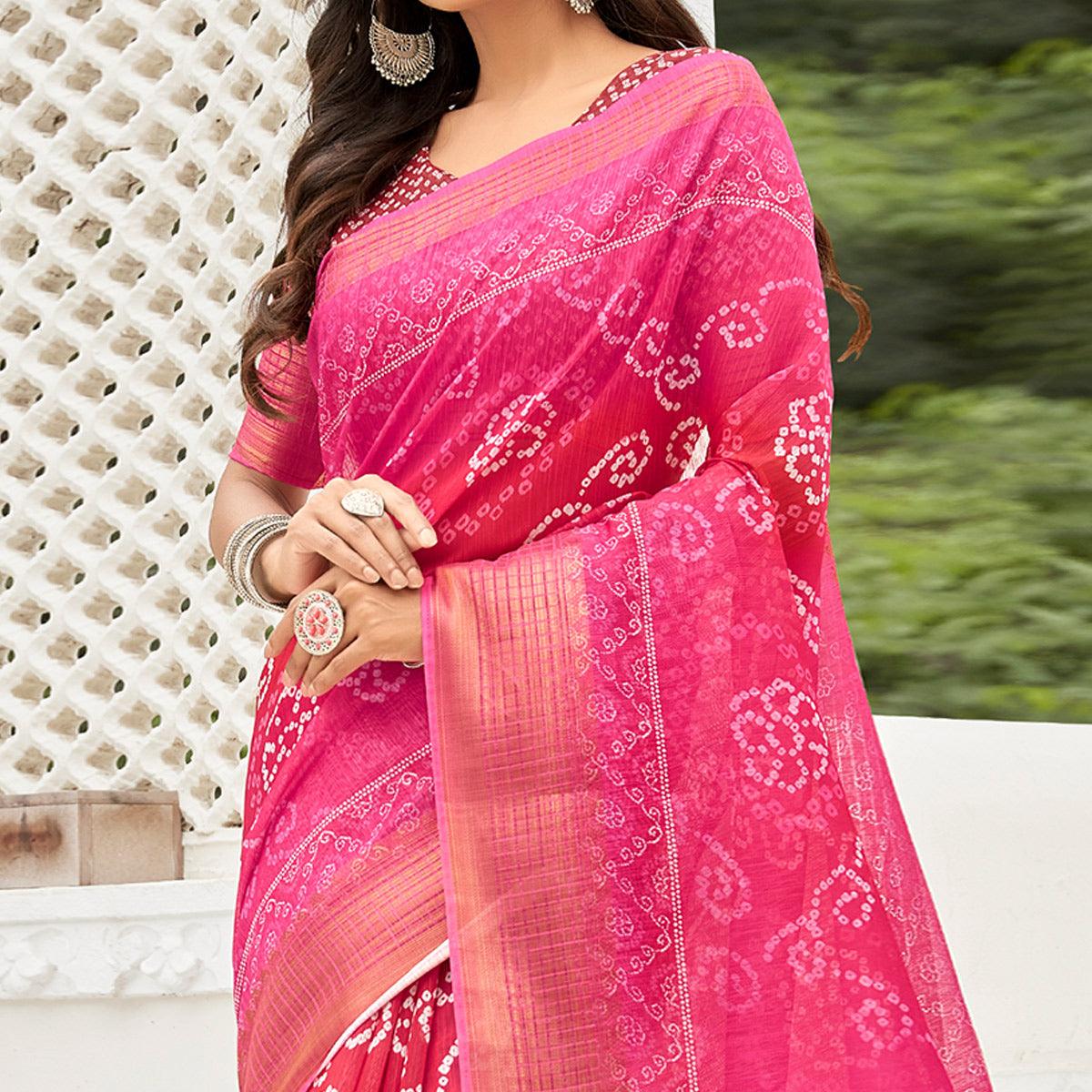 Pink Casual Wear Printed Soft Linen Saree - Peachmode