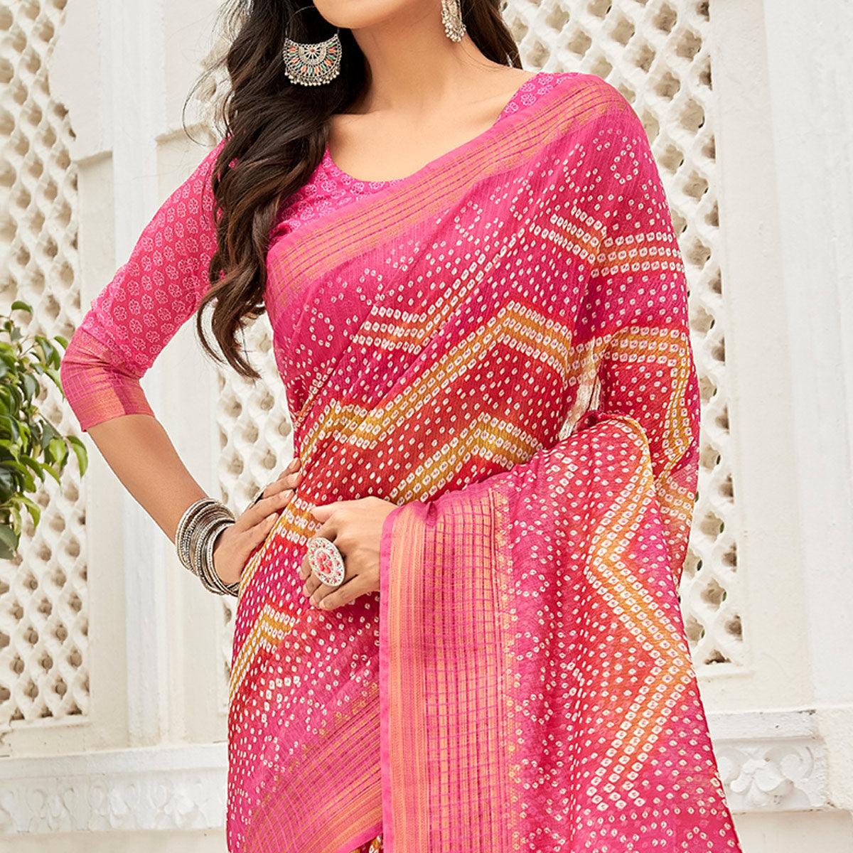 Pink Casual Wear Printed Soft Linen Saree - Peachmode