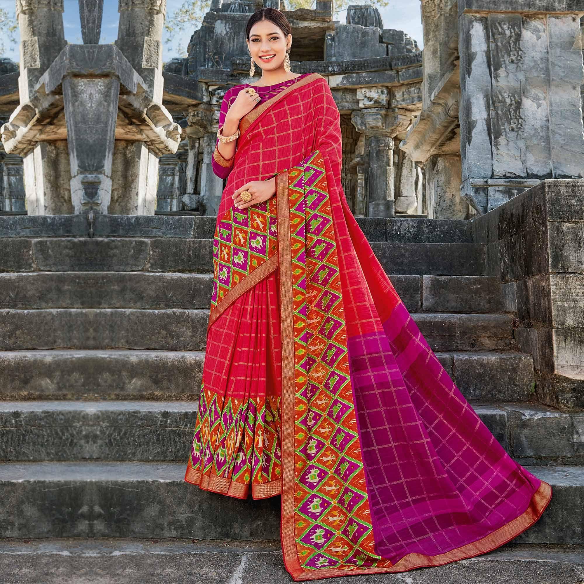 Pink Casual Wear Printed Tussar Silk Saree - Peachmode