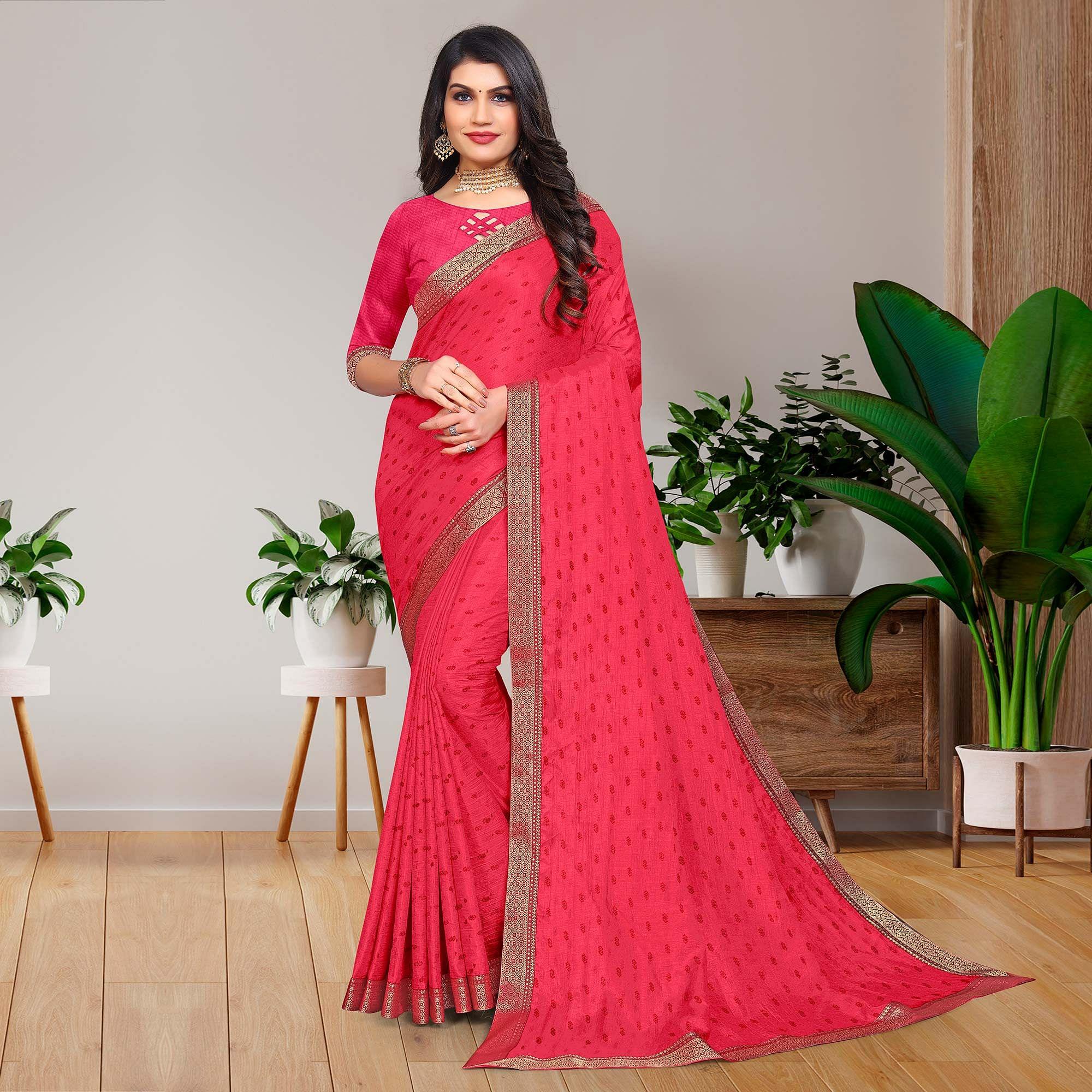 Pink Casual Wear Printed Vichitra Silk Saree - Peachmode
