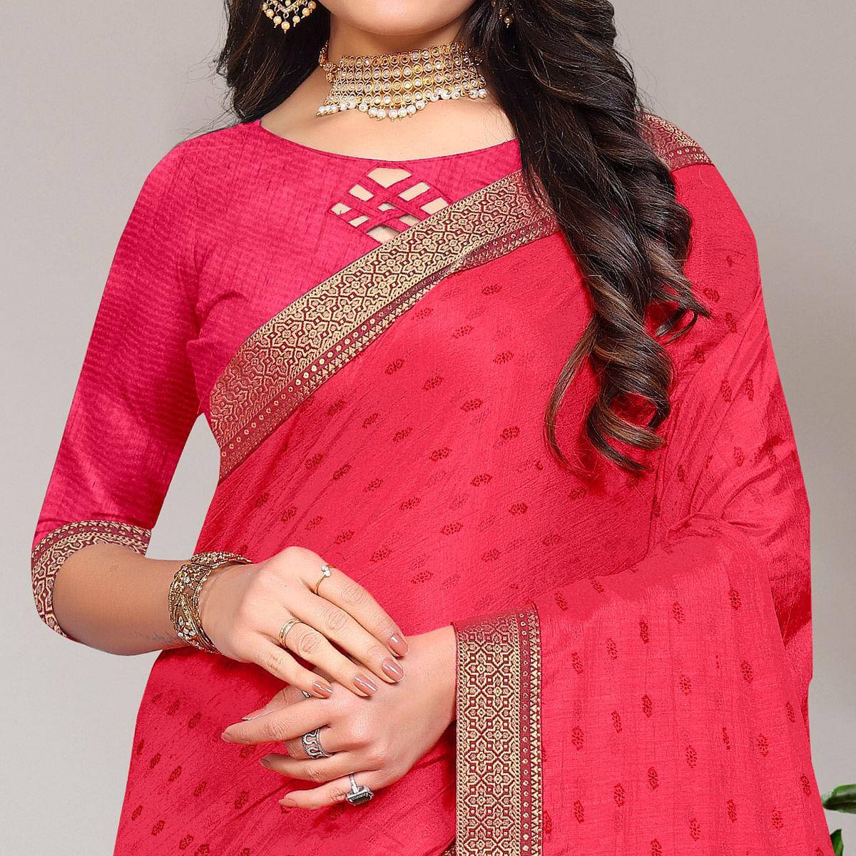 Pink Casual Wear Printed Vichitra Silk Saree - Peachmode
