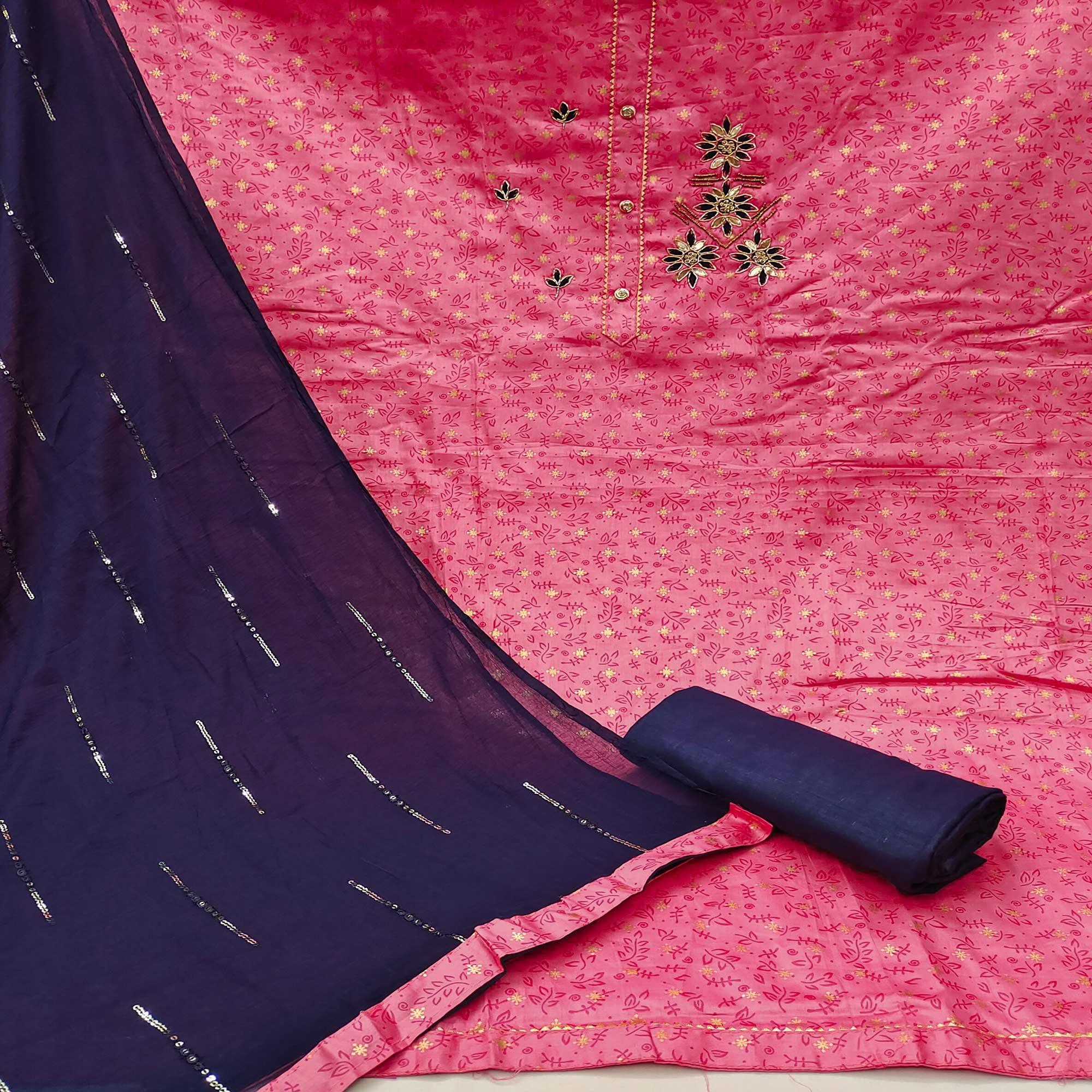 Pink Casual Wear Sequence & Printed Cotton Dress Material - Peachmode