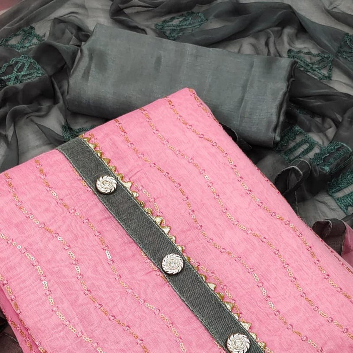 Pink Casual Wear Sequence Embroidered Chanderi Dress Material - Peachmode
