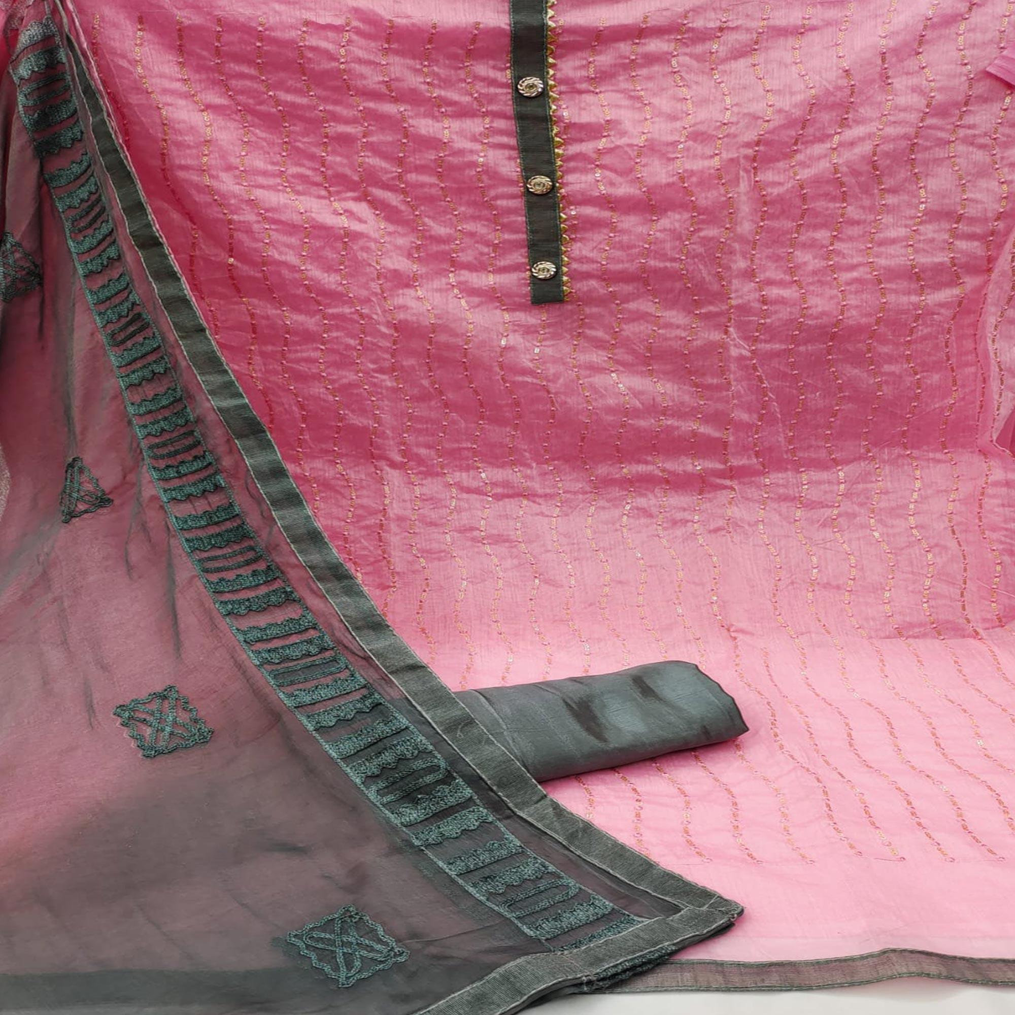 Pink Casual Wear Sequence Embroidered Chanderi Dress Material - Peachmode