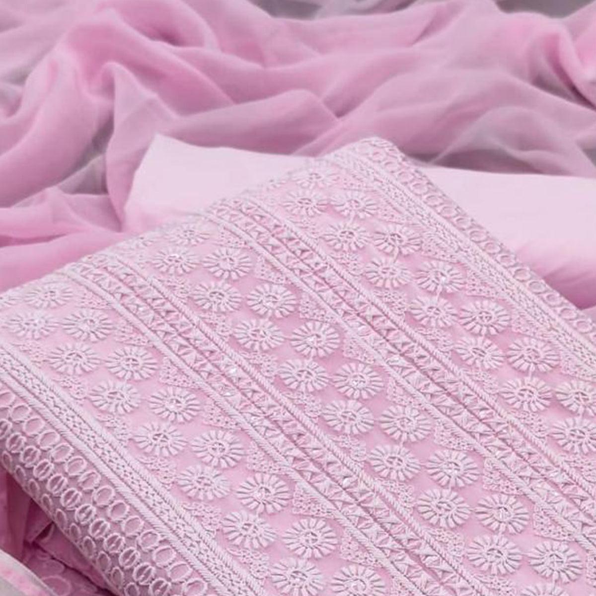 Pink Casual Wear Sequence Embroidered Georgette Dress Material - Peachmode