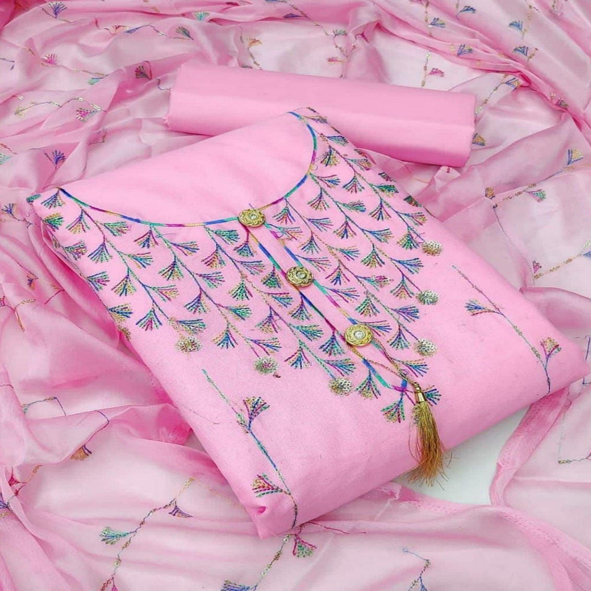 Pink Casual Wear Sequence Work Cotton Dress Material - Peachmode