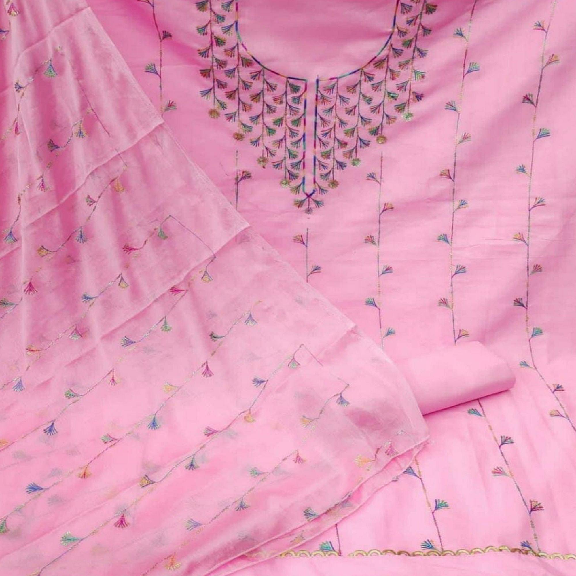 Pink Casual Wear Sequence Work Cotton Dress Material - Peachmode