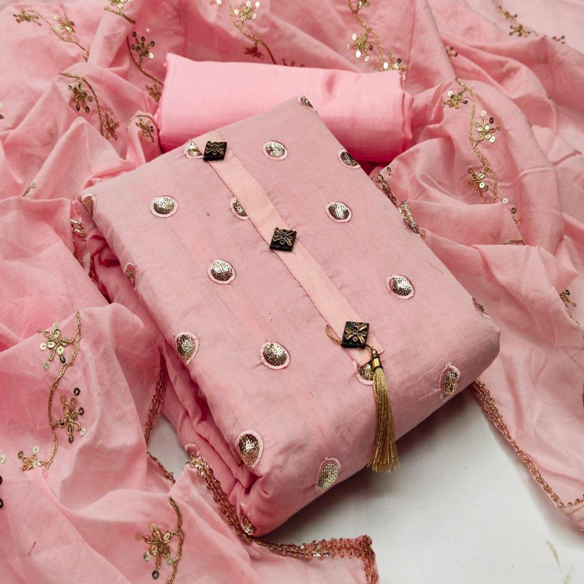 Pink Casual Wear Sequence Work Modal Chanderi Dress Material - Peachmode
